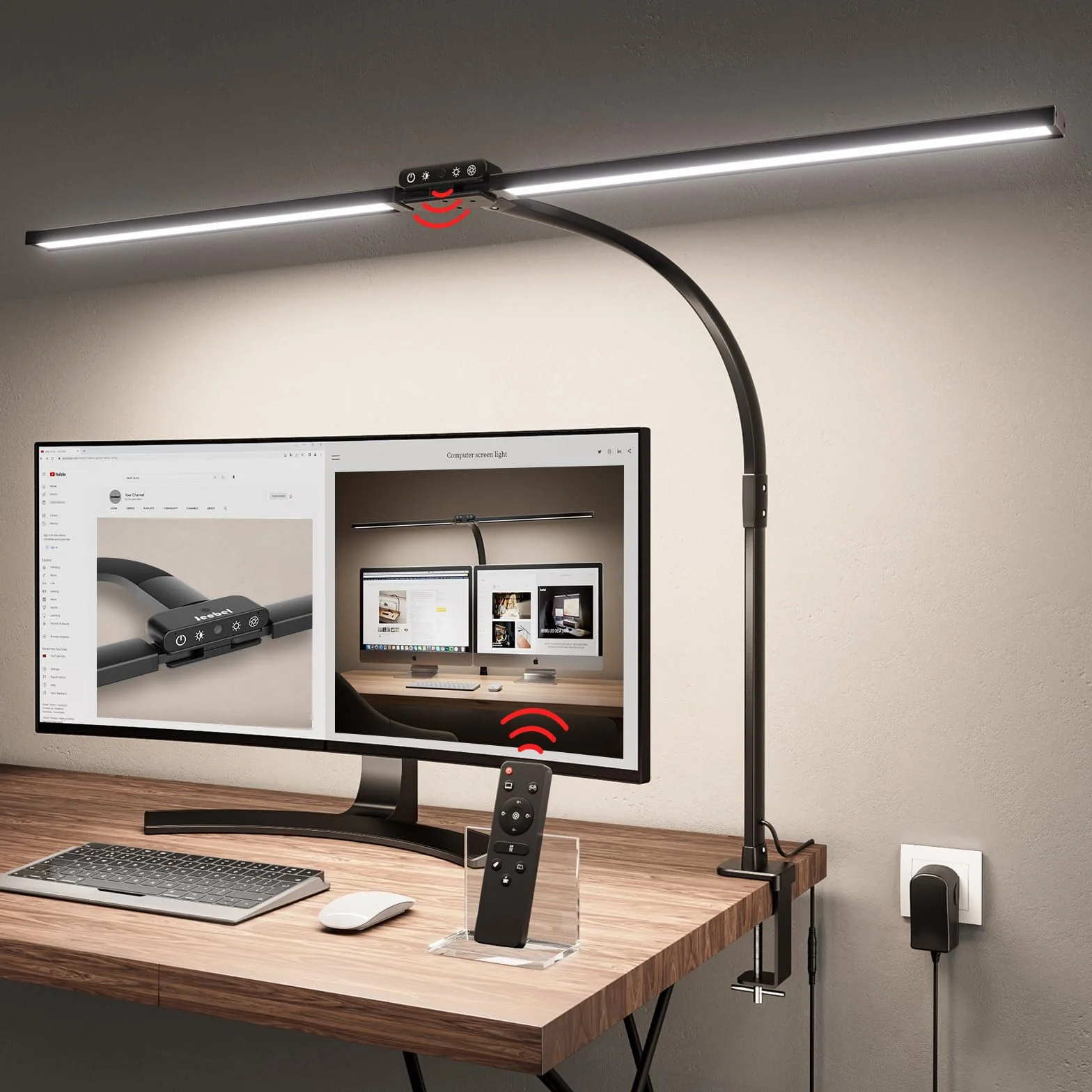 Jeebel Lámpara de Escritorio Pinza LED 24W 80cm Doble Cabezal 1800LM 10 Temperatura Color 10 Niveles Brillo