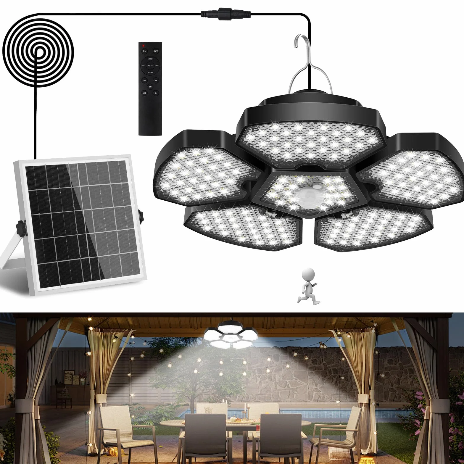 NATPOW Lámparas Colgantes Solares Exterior con Sensor Movimiento, Luz Solar Exterior con Mando Distancia, Lámpara Colgante Interior, 4 Brillo,Temporizador, Cable 5m para Casa Jardín Garaje Balcón