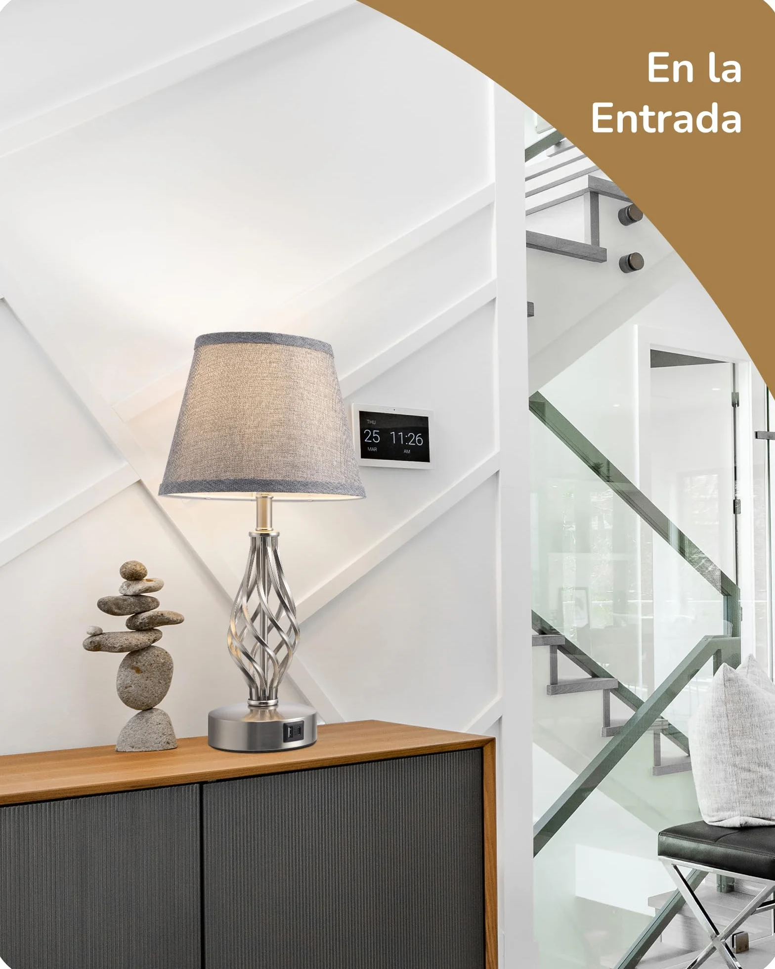 EDISHINE Lámpara de Noche LED Regulable Táctil 2 Lámparas de Mesa 2 Puertos USB de Carga para Dormitorio, Salón, Alféizar de Ventana, Regalo, Pantalla de Lino, Gris