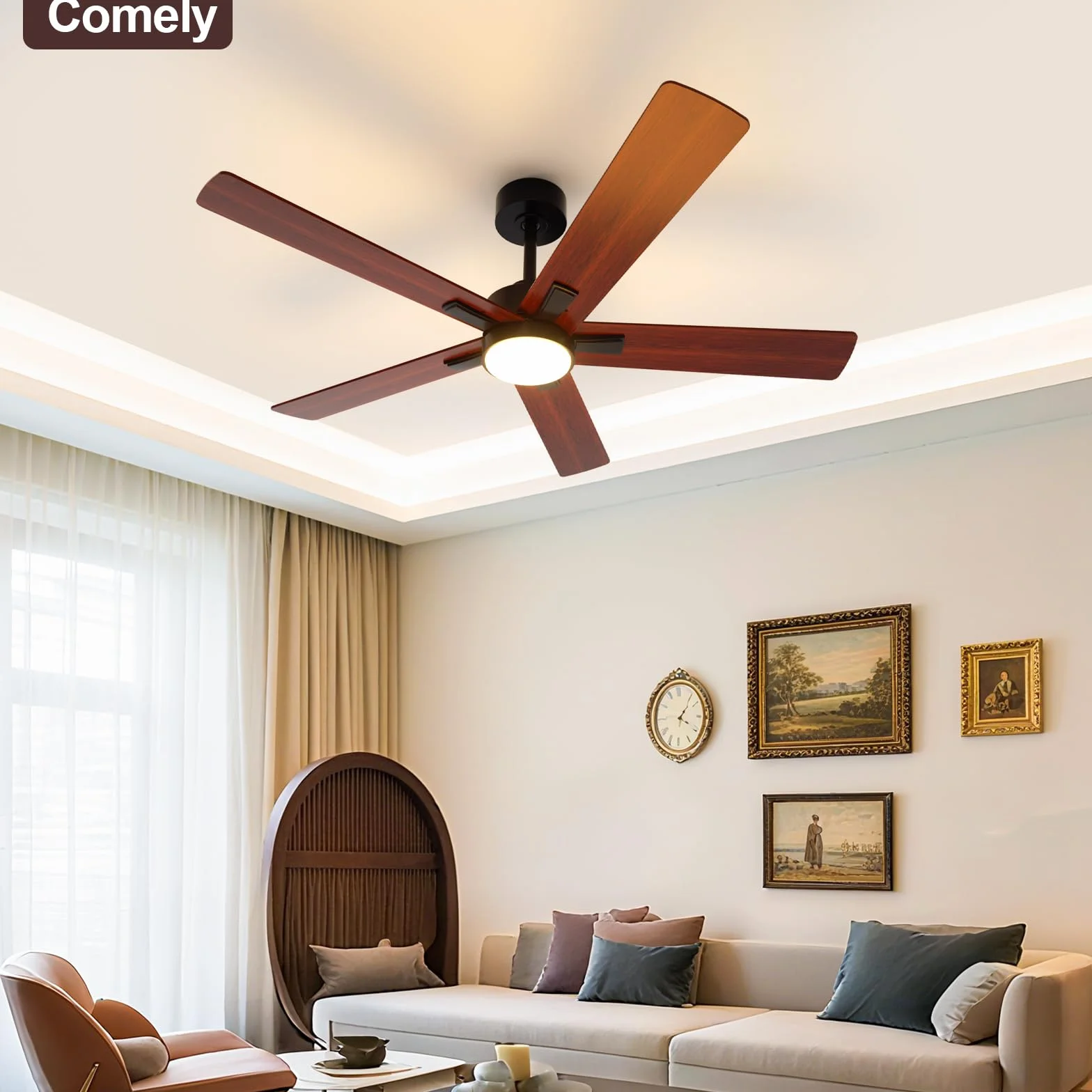 Ventilador de Techo con Luz DC, 132 cm, 3 Temperaturas de Color, 6 Velocidades, Función Verano/Invierno, Nogal