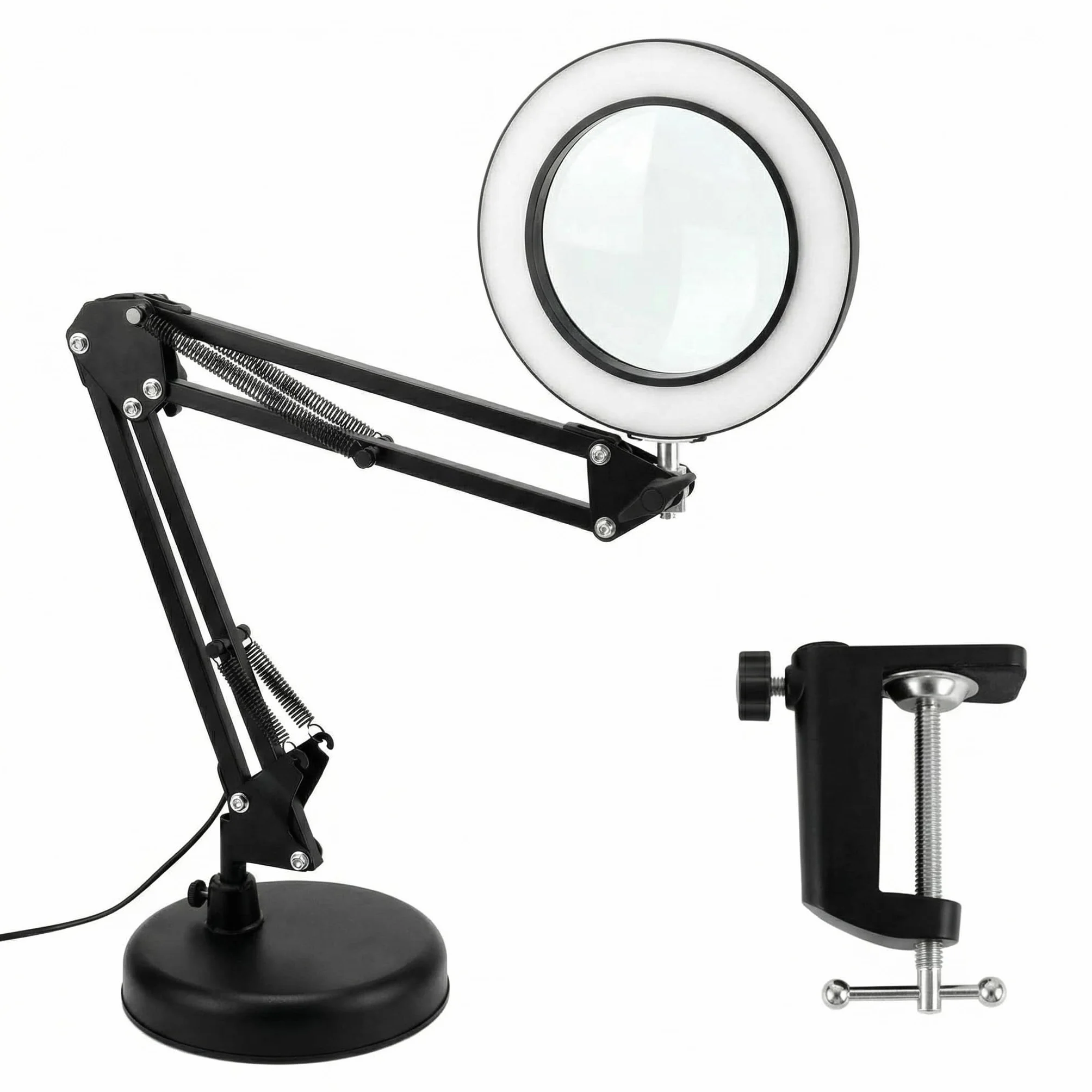 QWORK® LED de Lupa con Abrazadera y Base, lámparas de Aumento 10X, 3 Modos de Color y 10 Brillos Regulables, lámpara de Brazo Giratorio Ajustable, Negro