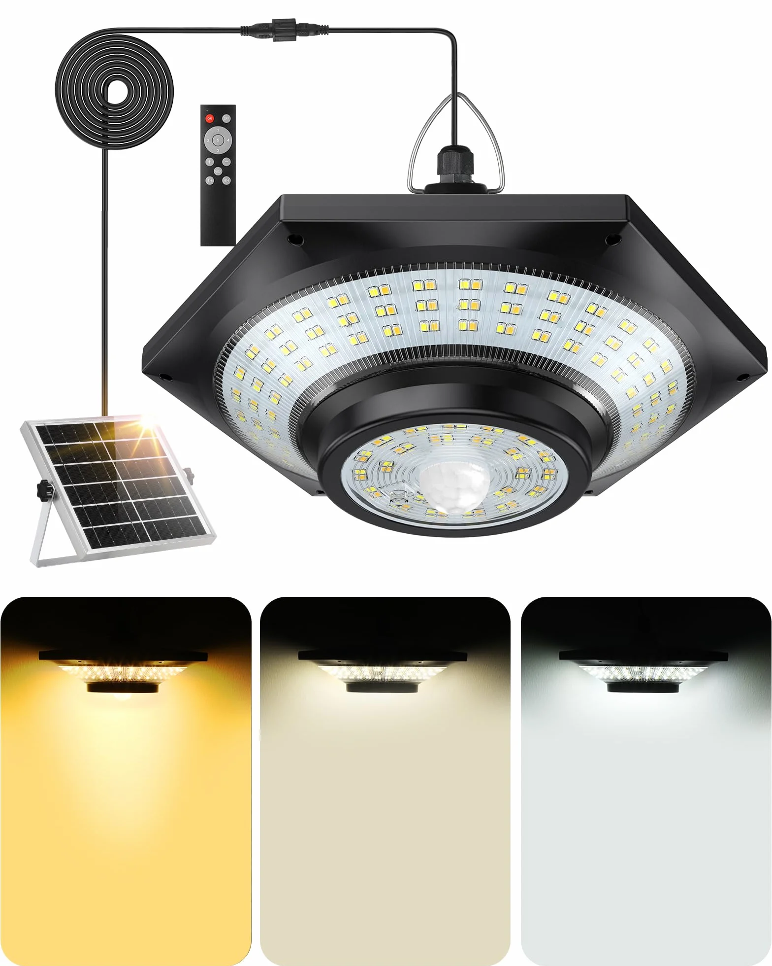 Luz Solar Exterior de 3 Colores, 228pcs LED, 4000LM, Luz Colgante Solar Exterior con 5 Modos,Temporizador y Control Remoto, Luz Solares con Sensor de Movimiento para Garaje, Granero, Pabellón
