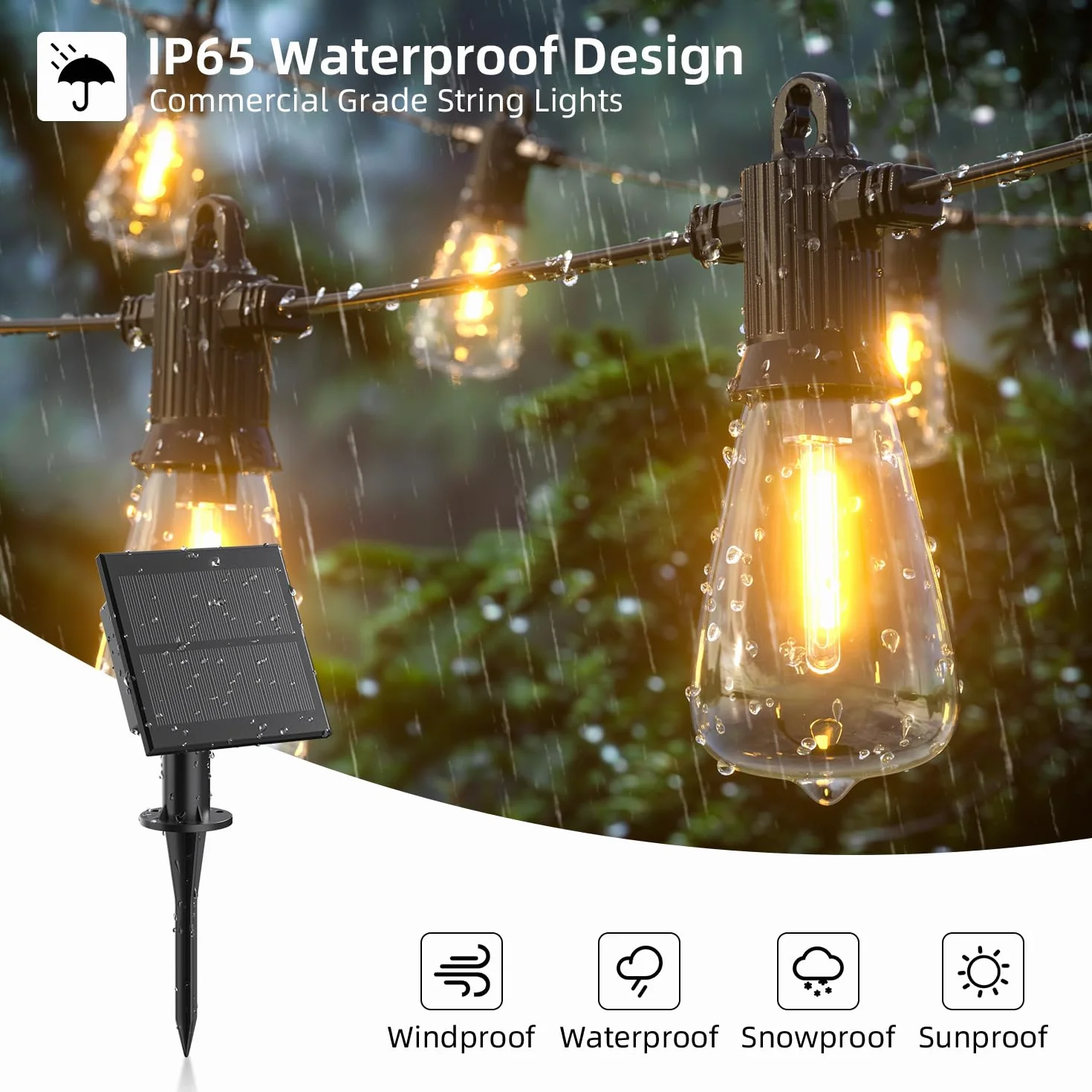 Kawaya Guirnalda Luces Exterior Solar IP65 Impermeable LED Jardín 10M 15+1 Bombillas 5 Modos Blanco Cálido