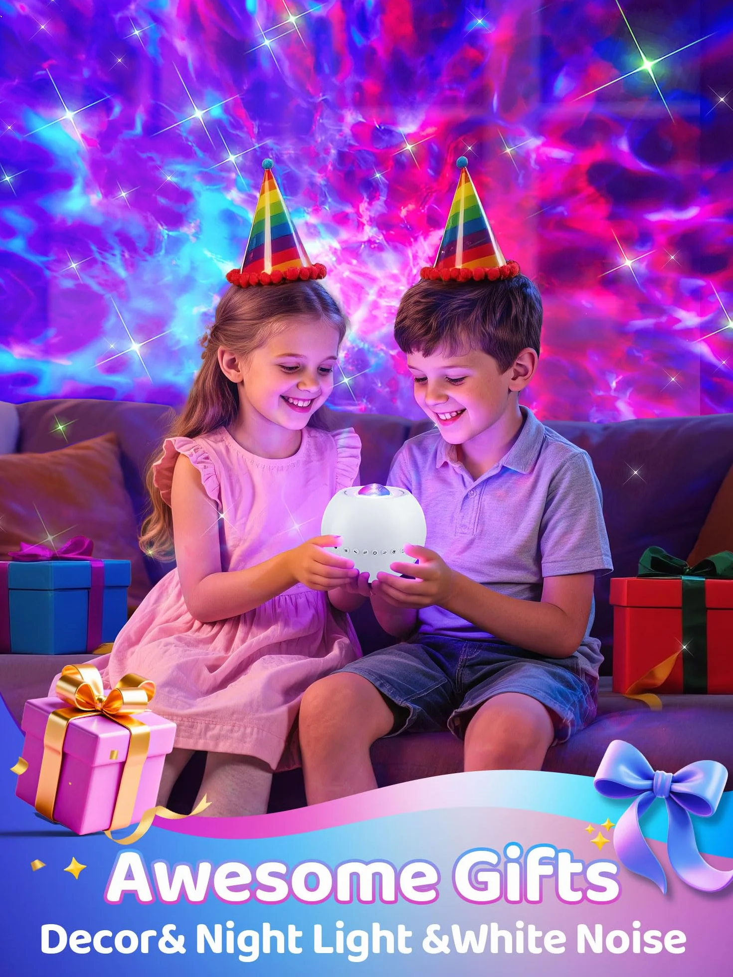 One Fire Proyector de Galaxias y Estrellas Real, 15 Colores 360 Modo Luces LED, Ruido Blanco Bebe Bluetooth Luz Nocturna Infantil Lampara LED