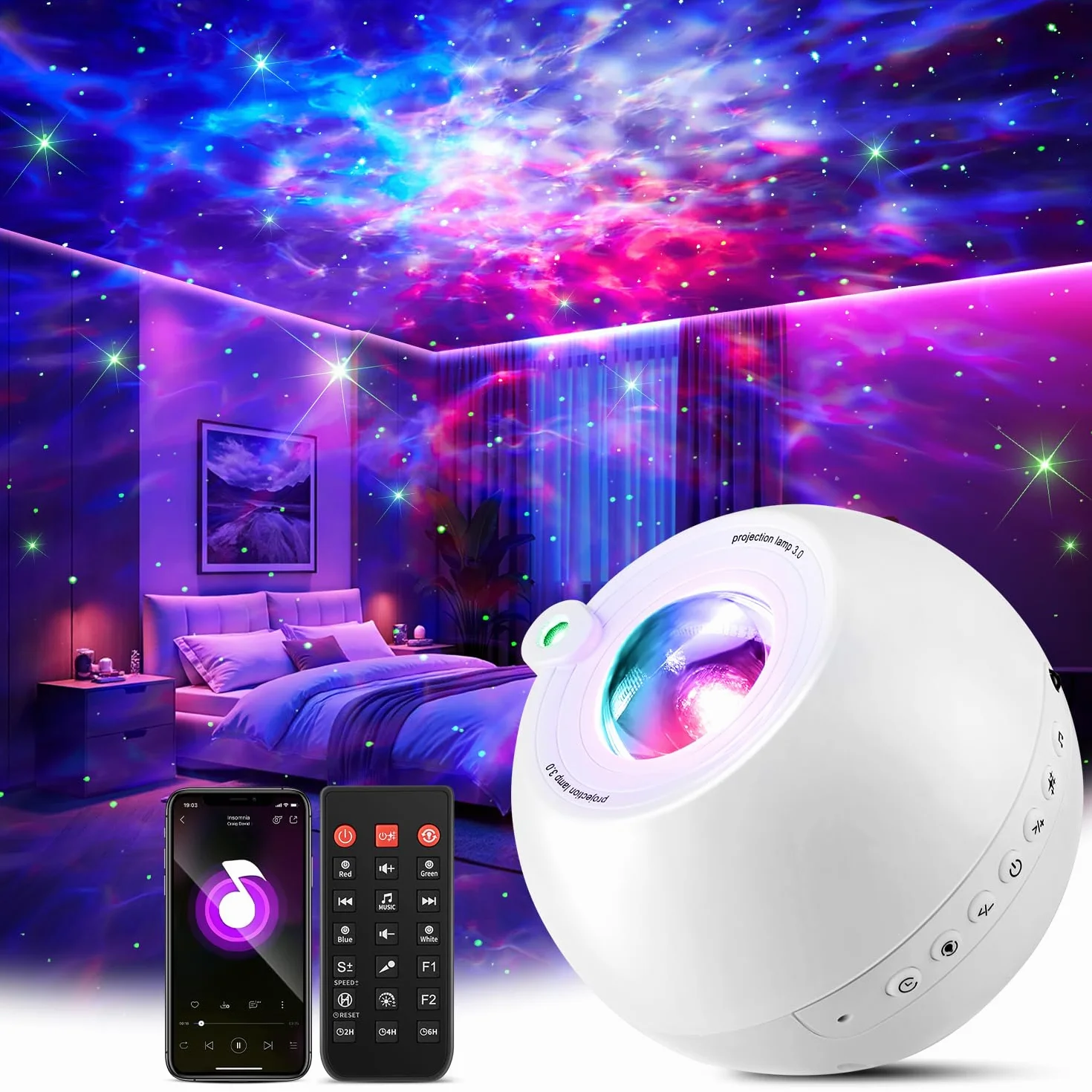 One Fire Proyector de Galaxias y Estrellas Real, 15 Colores 360 Modo Luces LED, Ruido Blanco Bebe Bluetooth Luz Nocturna Infantil Lampara LED