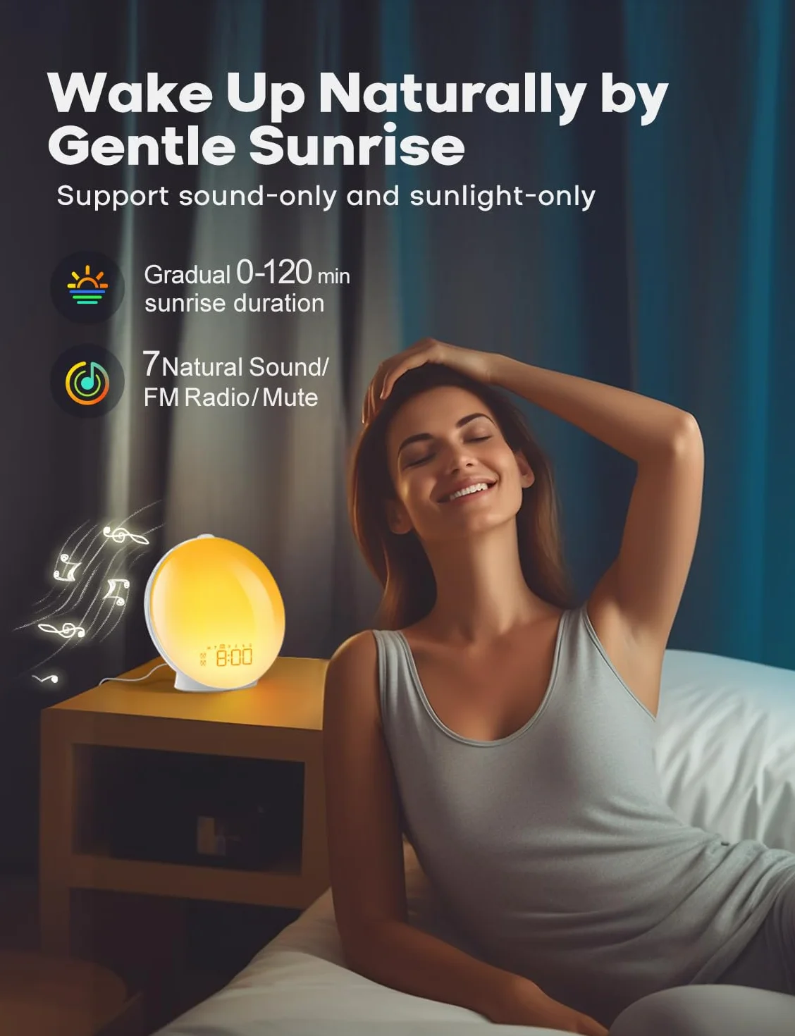 Dekala Despertador Vollbild de Simulación de Amanecer y Atardecer, Botón de Rotación, Alarmas Duales, Sonidos Naturales, Radio FM y Luz de Despertar Colorida para Adultos y Niños
