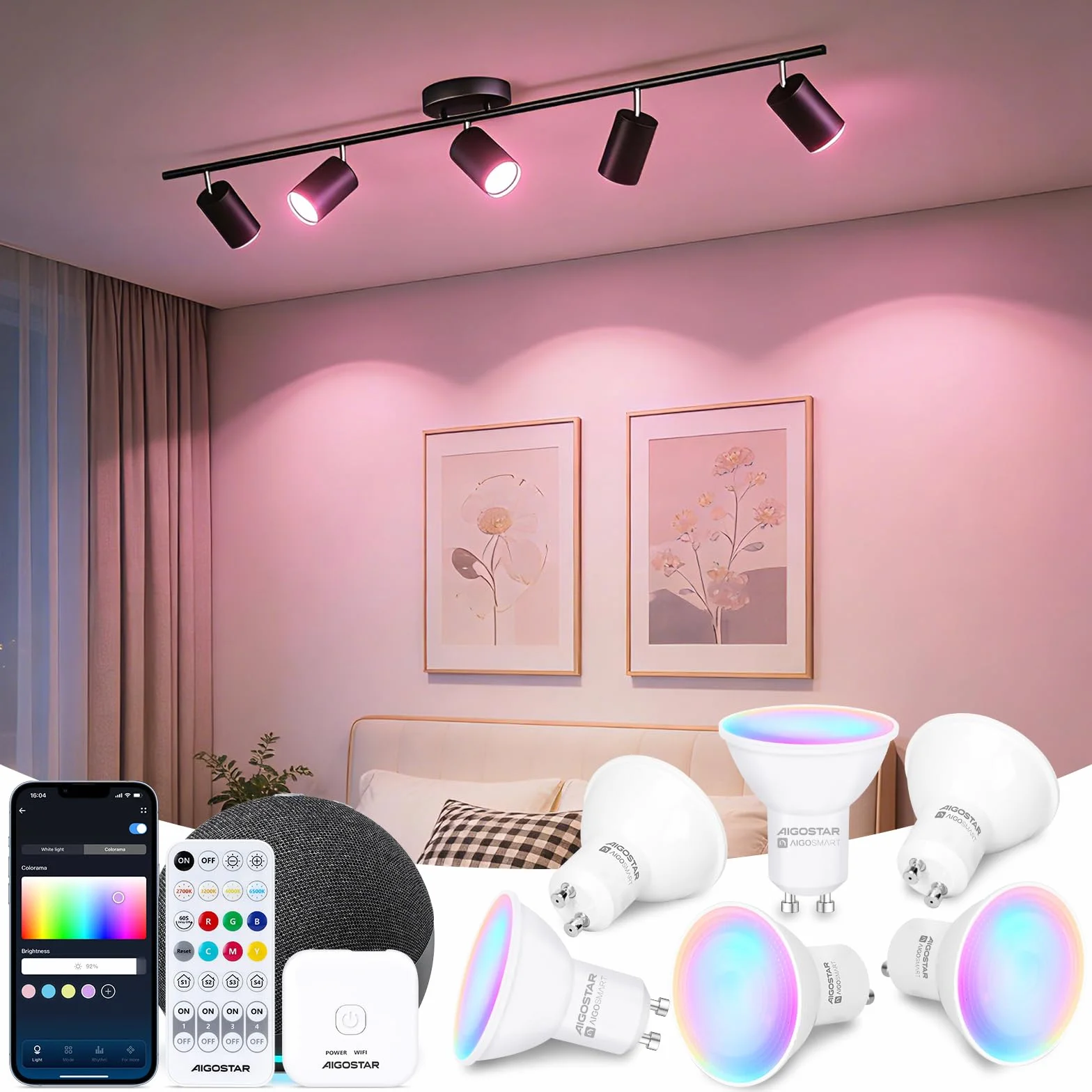Aigostar Mesh- Bombilla inteligente Bluetooth Mesh, GU10. 2700K-6500K regulable, 6.5W, 555 LM. Bombilla LED inteligente compatible con Alexa y Google Home. Incluye mando a distancia y Gateway. 6Uds