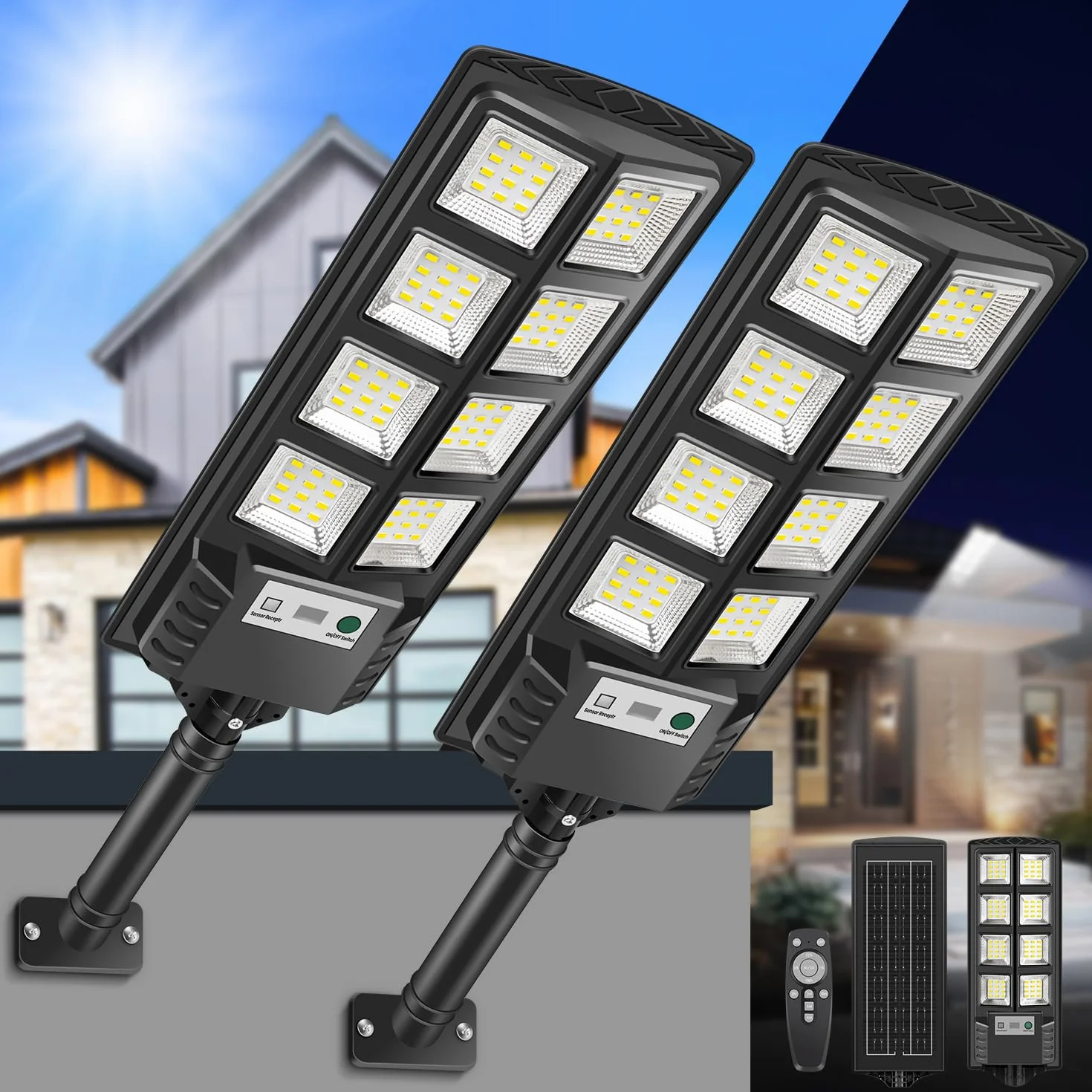 Farolas Solares Exterior, 6000K Focos Solar LED Jardín con Sensor de Movimiento y Control Remoto, IP66 Impermeable Lampara Solar Luz de Seguridad Exterior para Garage Patio Calle, 2 Pack