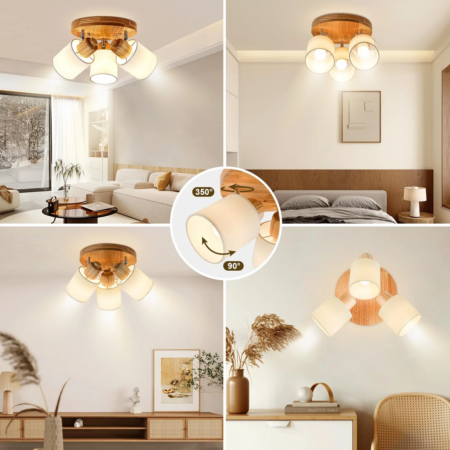 Lámpara de Techo 3 Focos Orientable Redonda Madera E14 Retro Aplique Pared Interior Giratorios