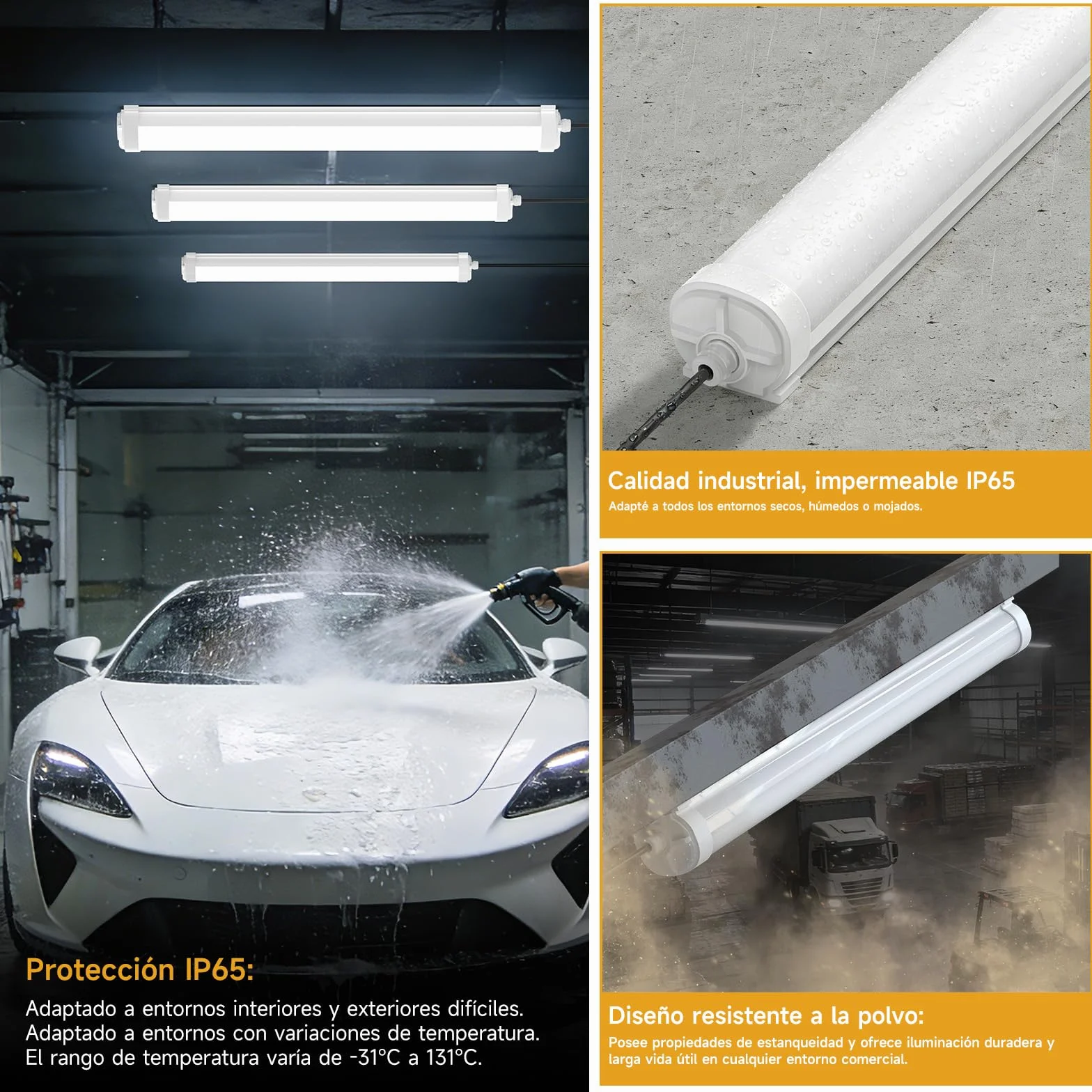 Lámpara de Techo LED 60CM, Fluorescente LED 18W, 2250lm, IP65 Impermeable, 6000K, Conectable, para Garaje, Taller, Cuarto de Baño, Oficina
