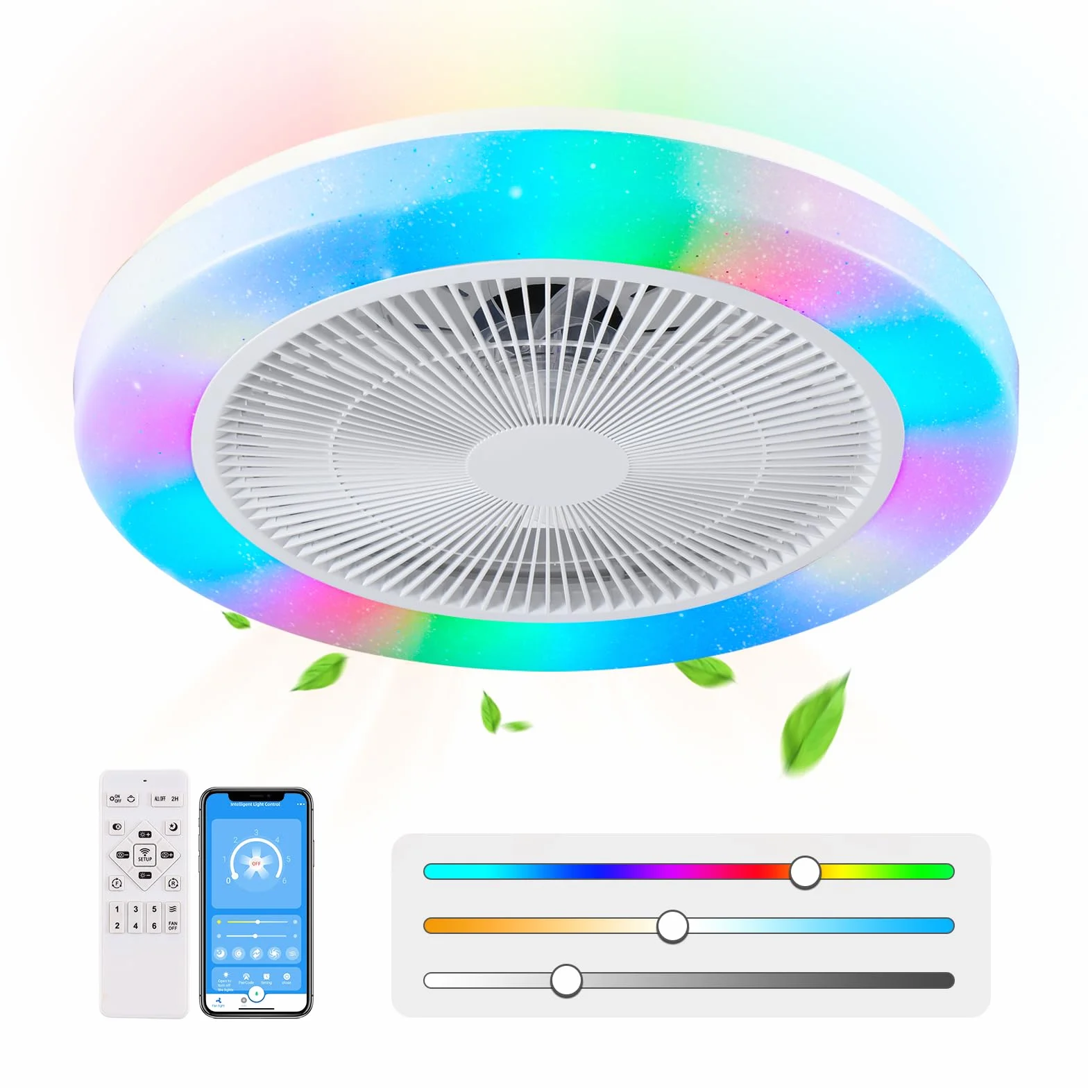 Ventilador de Techo Con Luz RGB,Moderno Regulable Ventiladores de Techo,50CM Reversible RGB Lampara Ventiladores de Techo,6 Velocidades LED Plafon Regulable con mando a distancia y APP (Blanco)