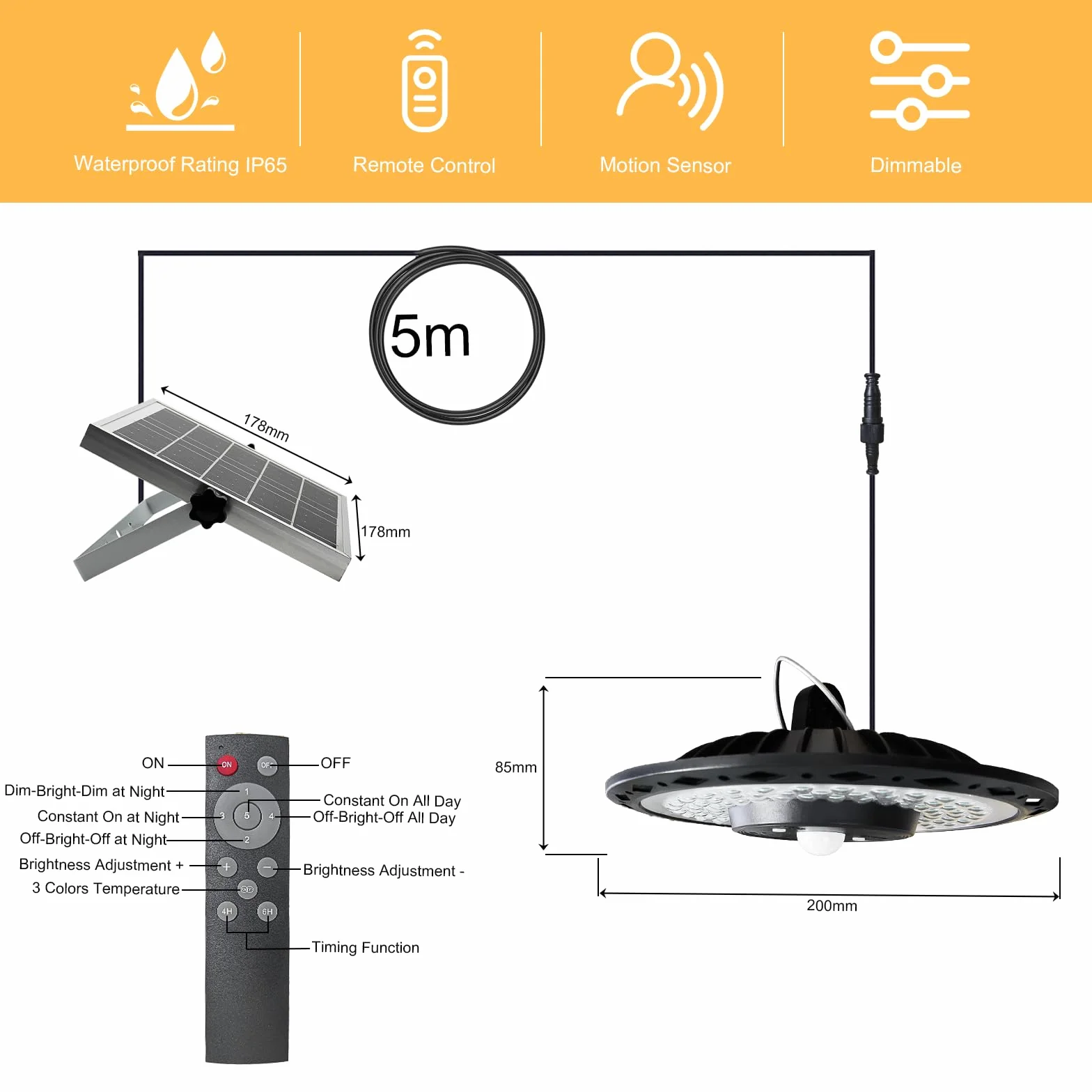 CREATESTAR Lámpara Solar Colgante 3000LM, Luz Solar Exterior con Mando a Distancia, IP65 Impermeable Luces Solares Colgantes con Cable de 3M para Pérgola Terraza y Balcón