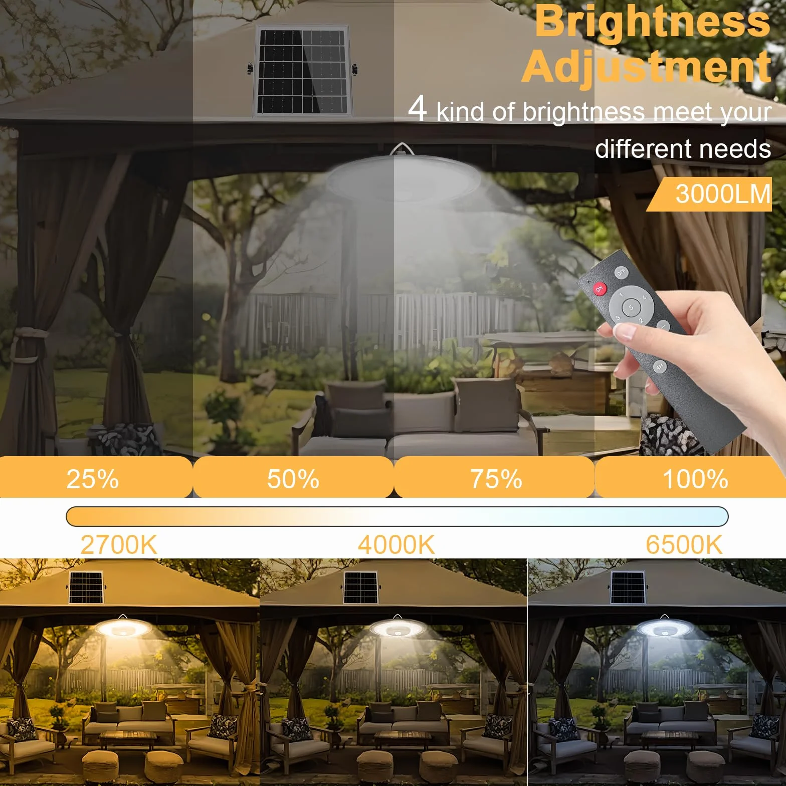 CREATESTAR Lámpara Solar Colgante 3000LM, Luz Solar Exterior con Mando a Distancia, IP65 Impermeable Luces Solares Colgantes con Cable de 3M para Pérgola Terraza y Balcón