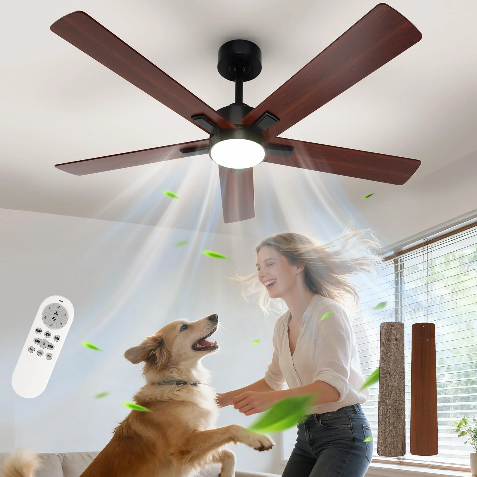 Ventilador de Techo con Luz DC, 132 cm, 3 Temperaturas de Color, 6 Velocidades, Función Verano/Invierno, Nogal