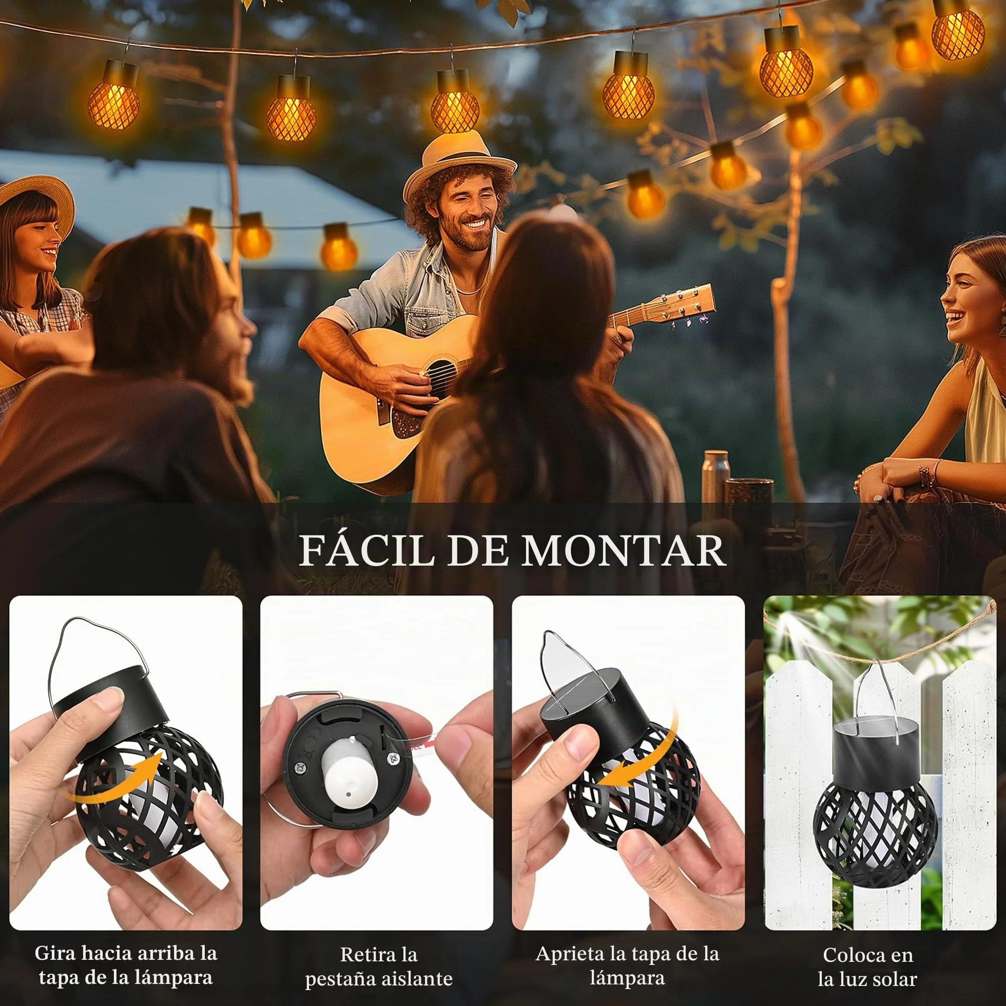 GIGALUMI Paquete de 8 luces solares colgantes de llama parpadeante, luces solares impermeables para jardín, patio, valla, árbol