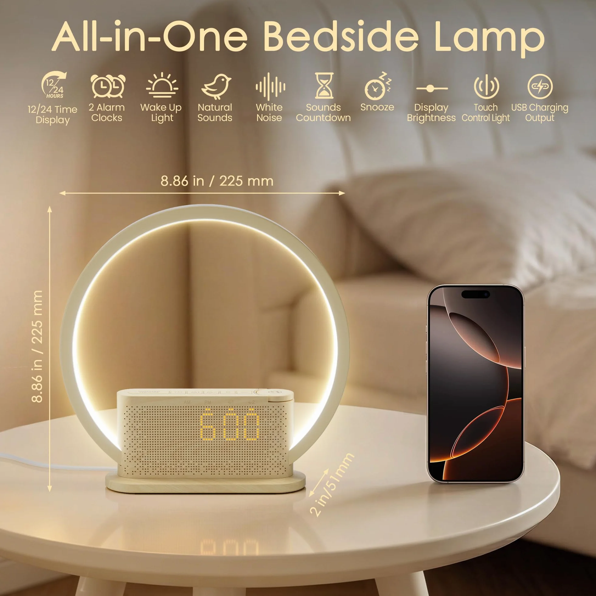 blonbar Reloj Despertador con Luz de Amanecer 3 Niveles de Brillo Doble Alarma Sonidos Naturales USB Función de Posponer
