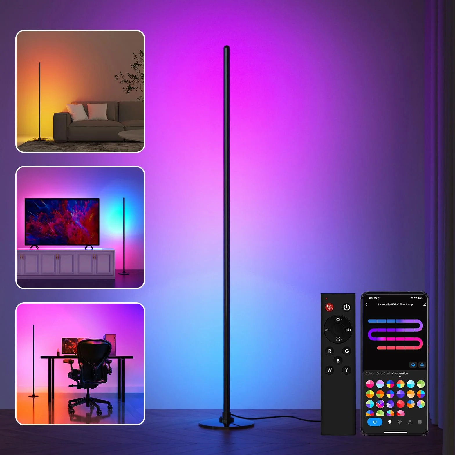 Lanmonlily Lámpara de Pie LED RGB 16 Millones de Colores 68 Modos de Escena Sincronización Musical Alexa Google App