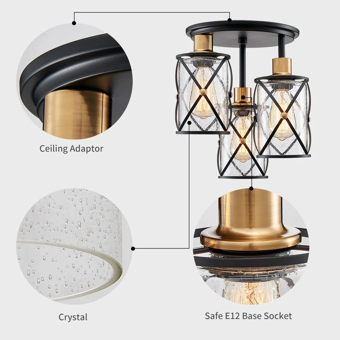 WUZUPS araña semi flushmount industrial 3-light plafon lámpara de techo transparente pantalla de cristal semillero para entrada porche vestíbulo cocina comedor baño, w29 h34, e27 base negra con latón
