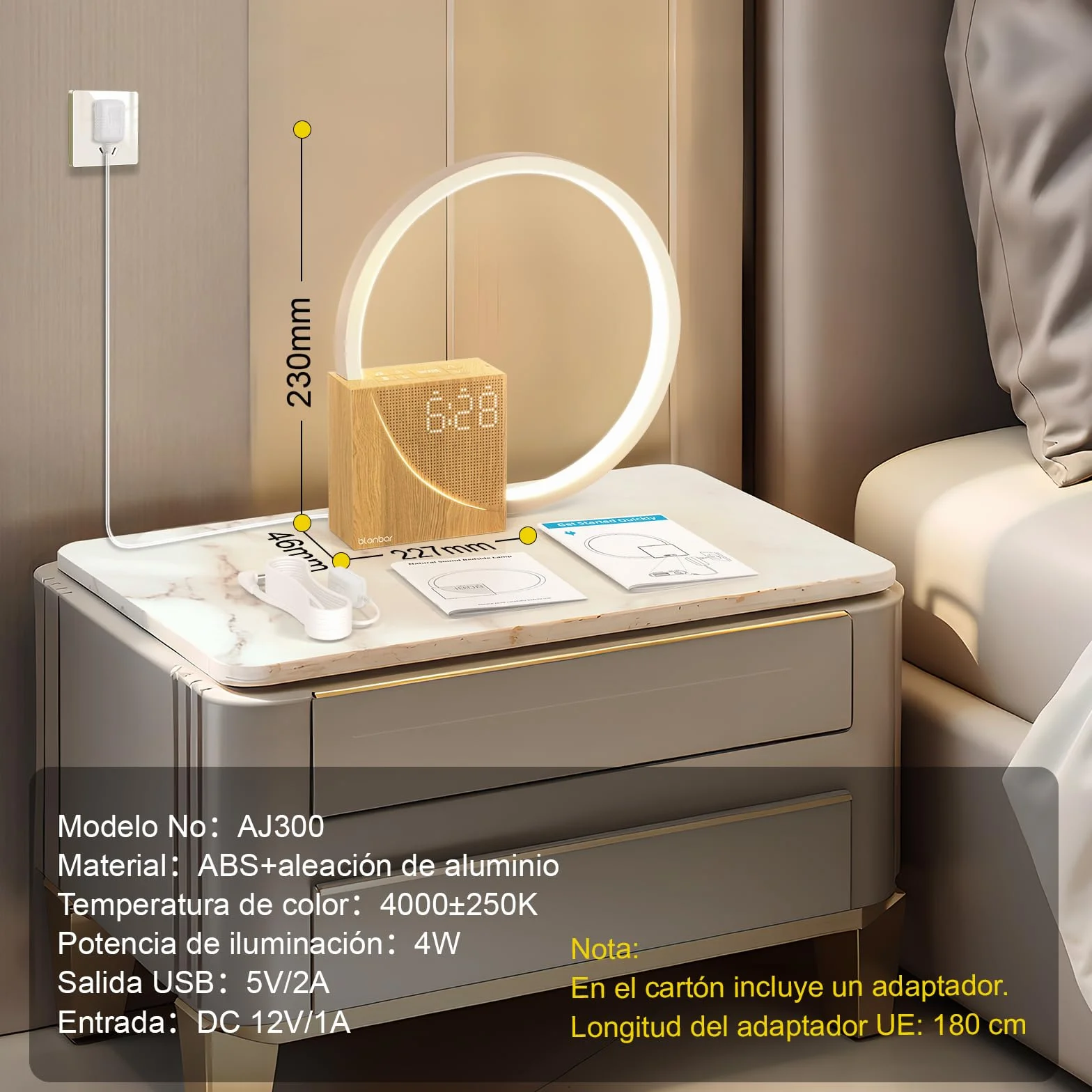 blonbar Despertador de Luz Natural de Cabecera 10W con Carga USB, Luz Nocturna Táctil de 3 Niveles de Brillo, Ayuda para el descanso de adultos y bebés
