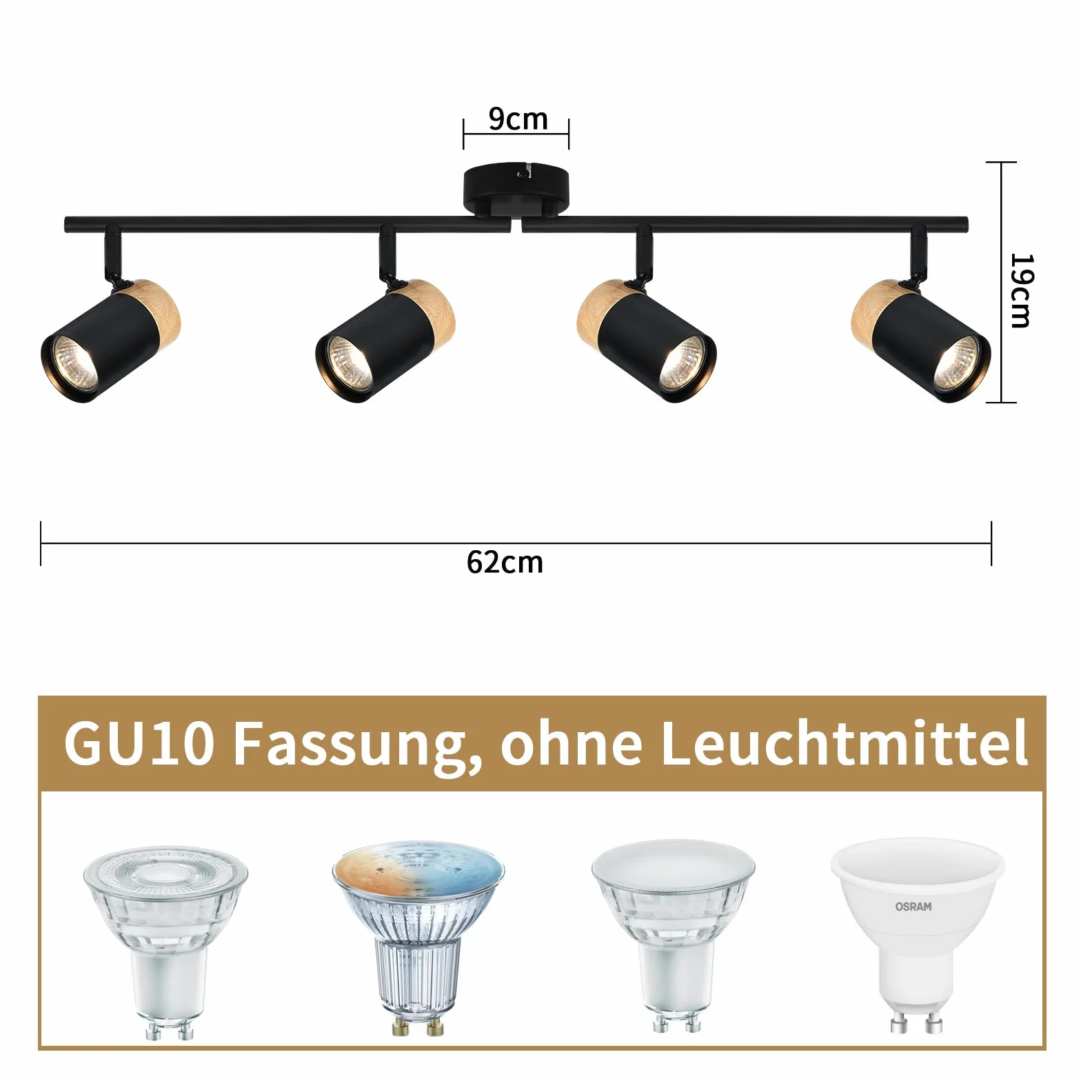 Plafón de madera negro LED orientable 330° 4 brazos GU10 para salón cocina habitación infantil