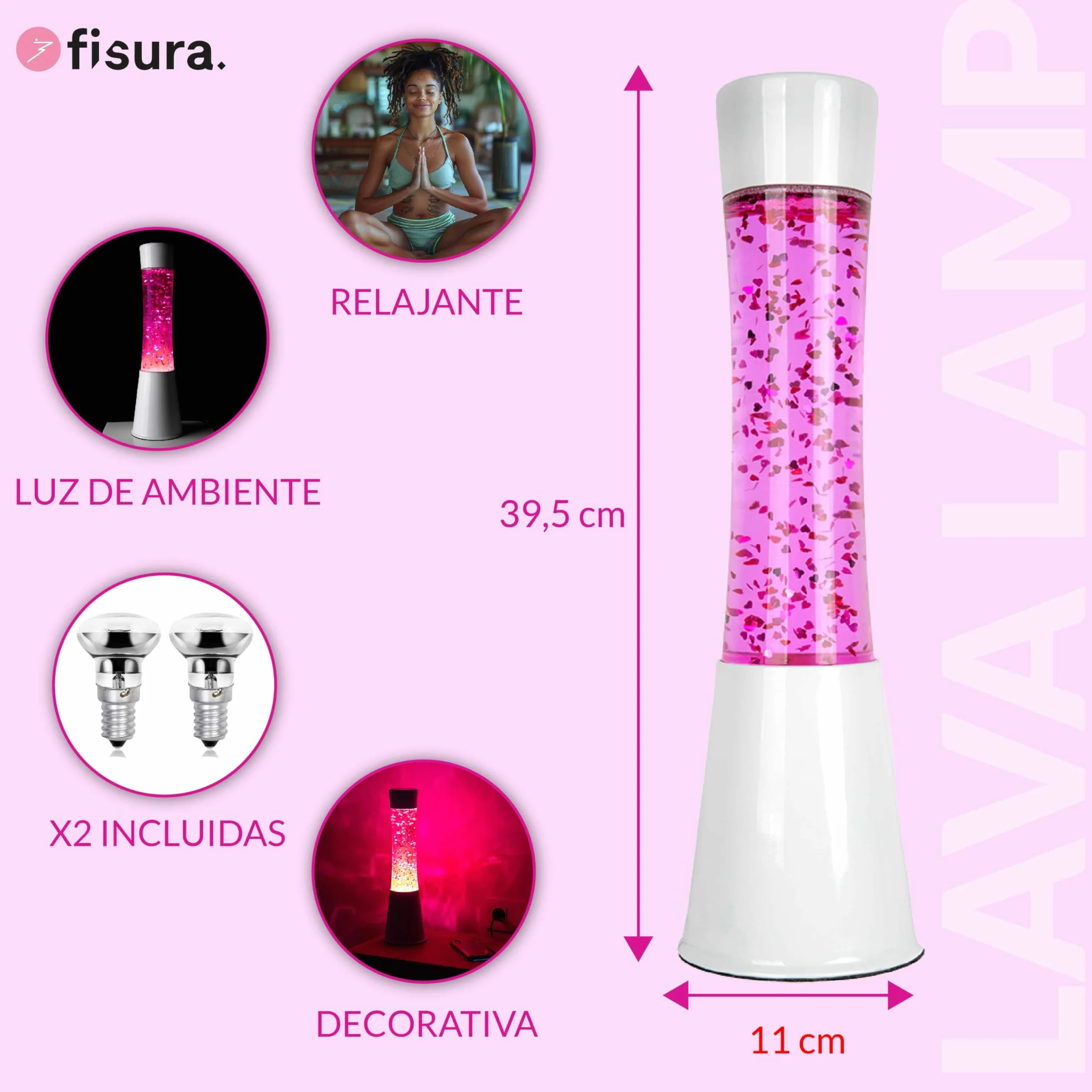 Fisura - Lámpara de lava rosa. Base blanca, líquido rosa y purpurina de corazones. Lámpara efecto relajante. Con bombilla de repuesto. 11 cm x 11cm x 39,5 cm.