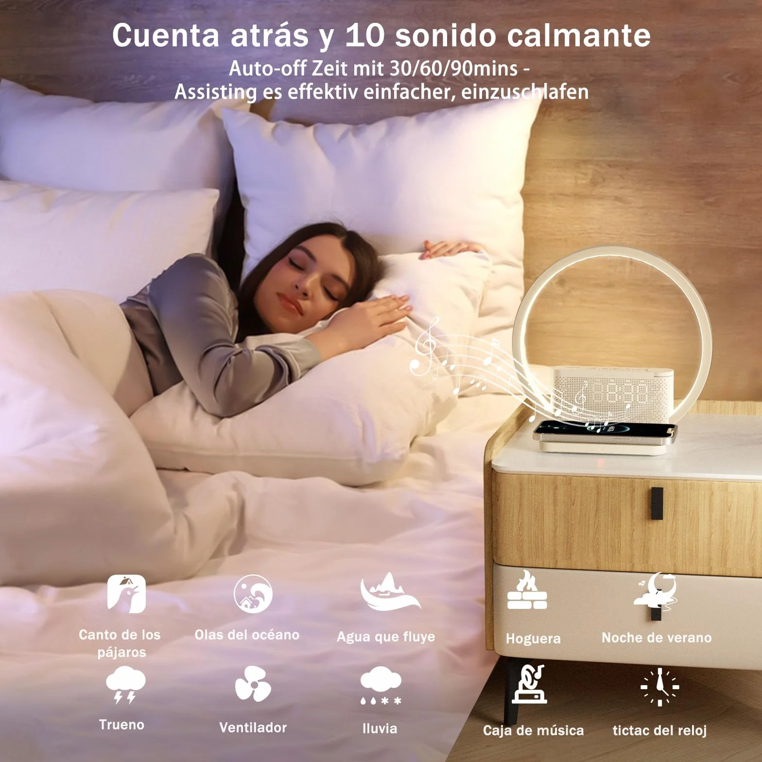 blonbar Lámpara de mesilla de noche con despertador iluminado, luz para despertarse, cargador inalámbrico de 10 vatios,3 niveles de brillo atenuación táctil, música, ayuda para dormir en el dormitorio