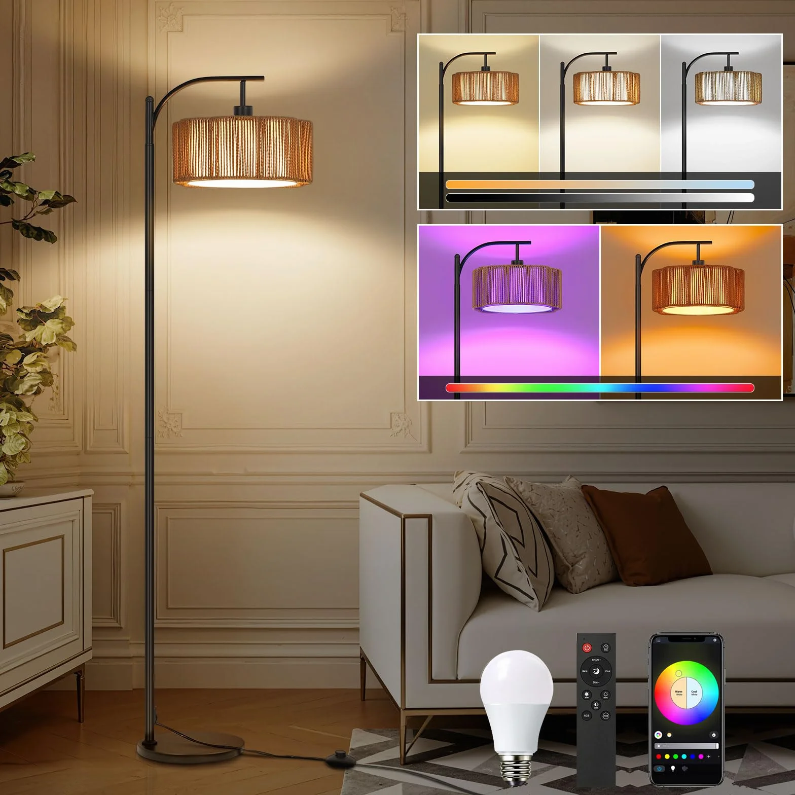 Lámpara de Pie RGB Regulable con APP y Mando, Ratán Boho Inteligente con Temporizador, Modo Música y DIY, Bombilla E27 Incluida