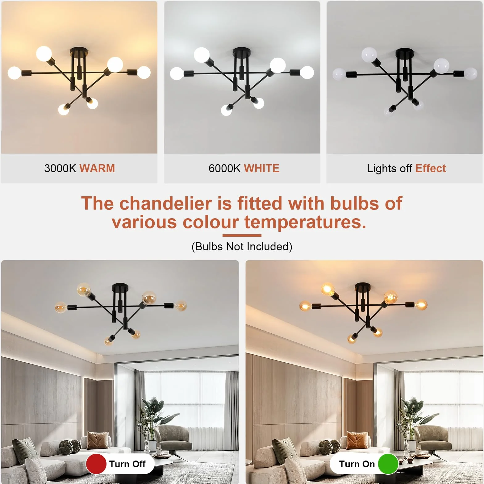 Goeco Lámpara de Araña Negro 70cm 6 Luces E27 Orientable 180° Metal