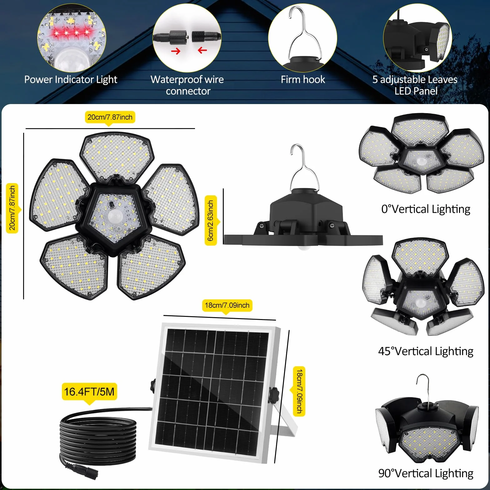 T-SUNUS Lámparas Solares Colgantes Exterior, Luz Solar Exterior Interior Sensor Movimiento, 5 Modos Iluminación Temporizador Memoria 4 Brillo IP65 Impermeable, para Terraza Casa Garaje Balcón Jardín