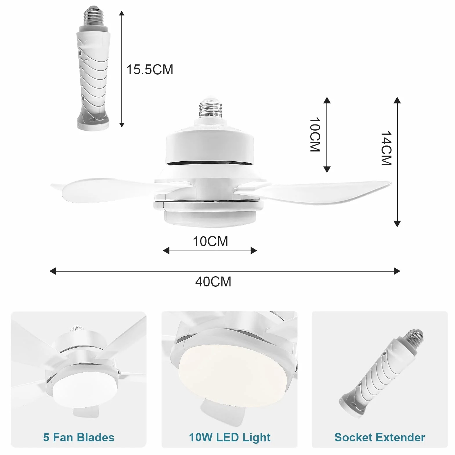 Ventilador de Techo con Luz LED 40 cm, E27, 6 Palas, Motor DC 6 Velocidades, 6000K Blanco
