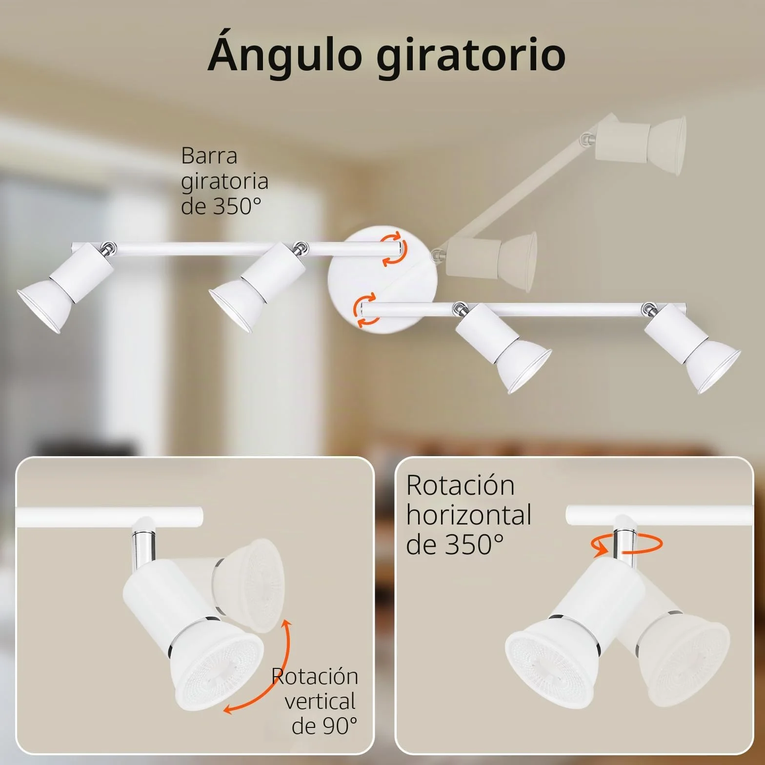 Ketom GU10 Focos Techo Blanco, Lampara Focos Techo con 4 Focos Orientable, Moderno Plafón LED Para Interiores Giratorio, Industrial Para Dormitorio, Pasillo, Cocina, Sin Bombilla