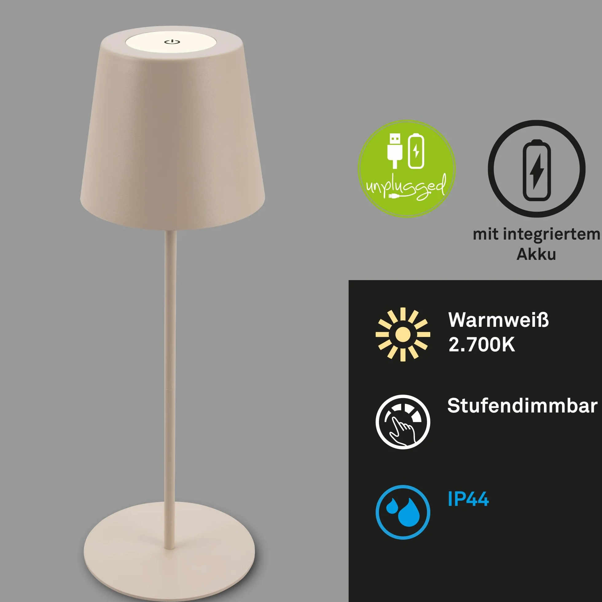 Briloner Lote 2 Lámparas Mesa LED Inalámbricas Regulables Táctil Batería Reemplazable USB-C Ø12x36 cm Beige