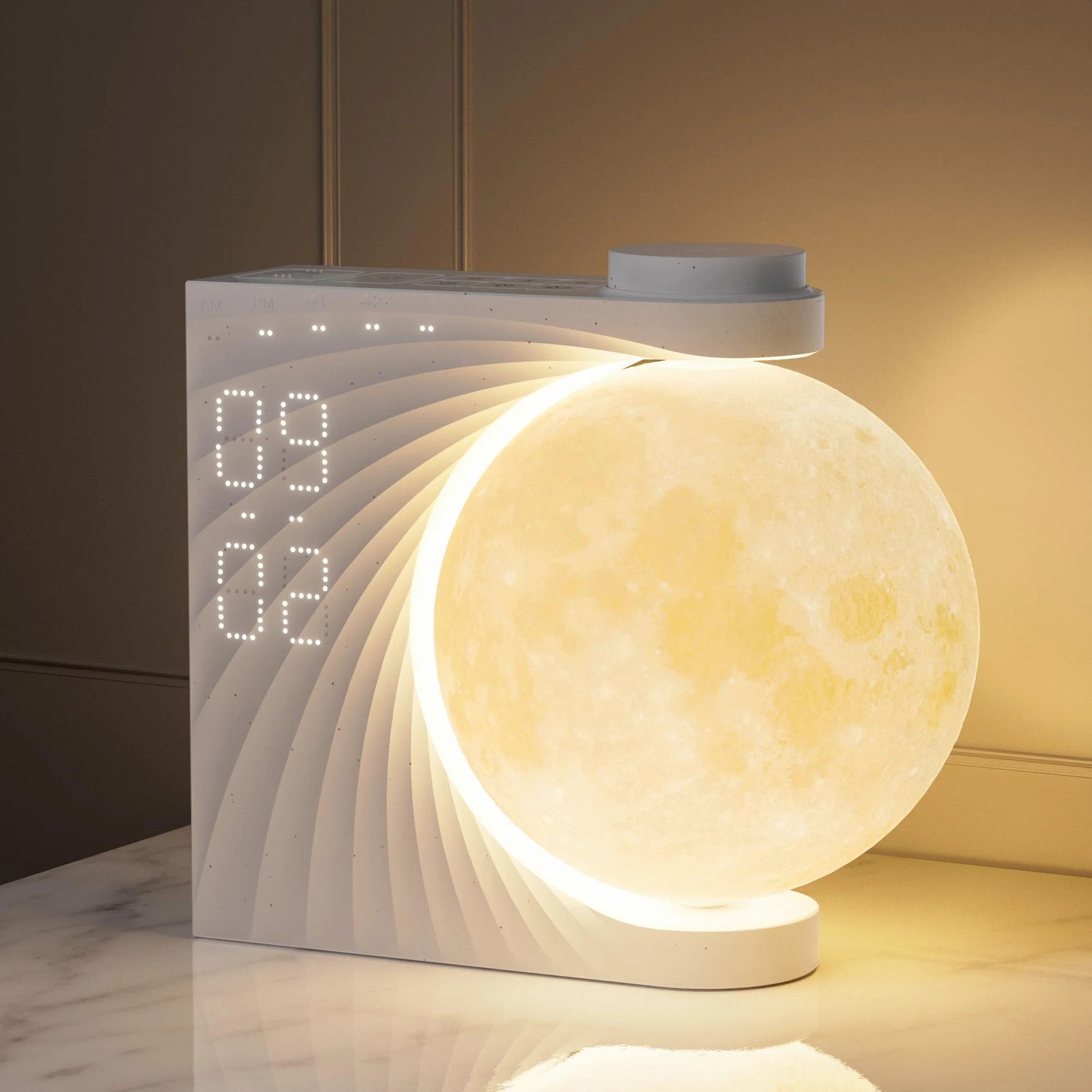 RETEYUNG Lámpara Luna Despertador Amanecer Luz Nocturna RGB 8 Colores 10 Sonidos Naturales Función Snooze 3 Niveles