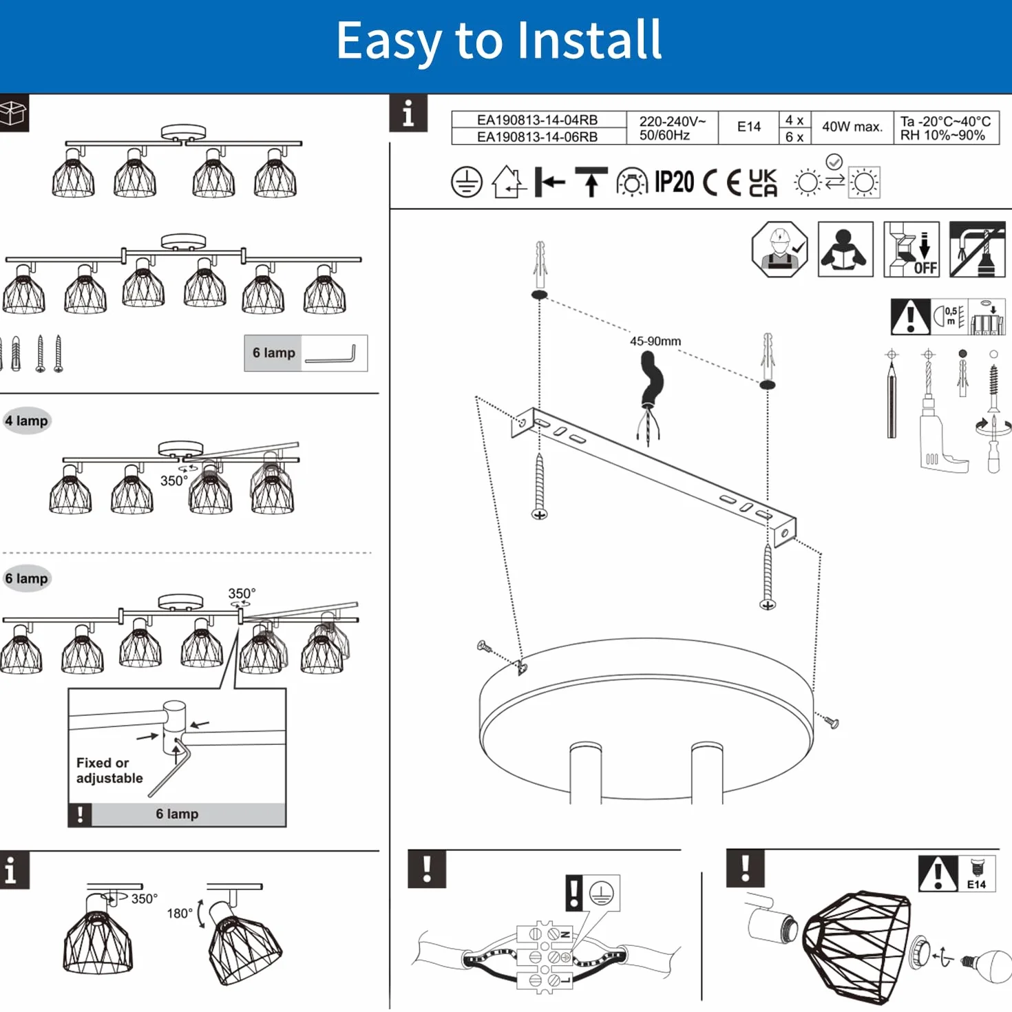 ANWIO Lámpara de Techo LED 6 Bases E14 Giratoria Negra para Interior Dormitorio Pasillo Cocina