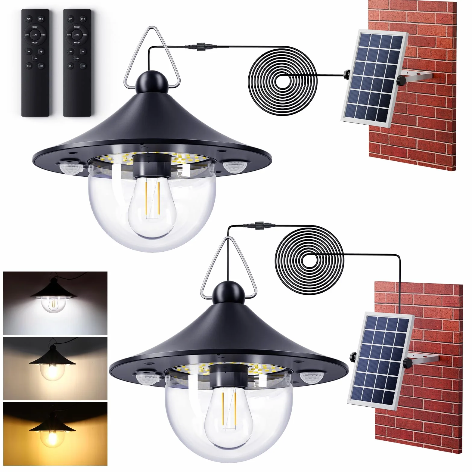 Quntis Lámpara Solar Colgante Interior Exterior 1000LM con Mando a Distancia 2 Piezas, 3 Temperaturas de Color, Sensor de Movimiento, IP65 Impermeable, Luz Solar Techo para Jardín Garaje Terraza