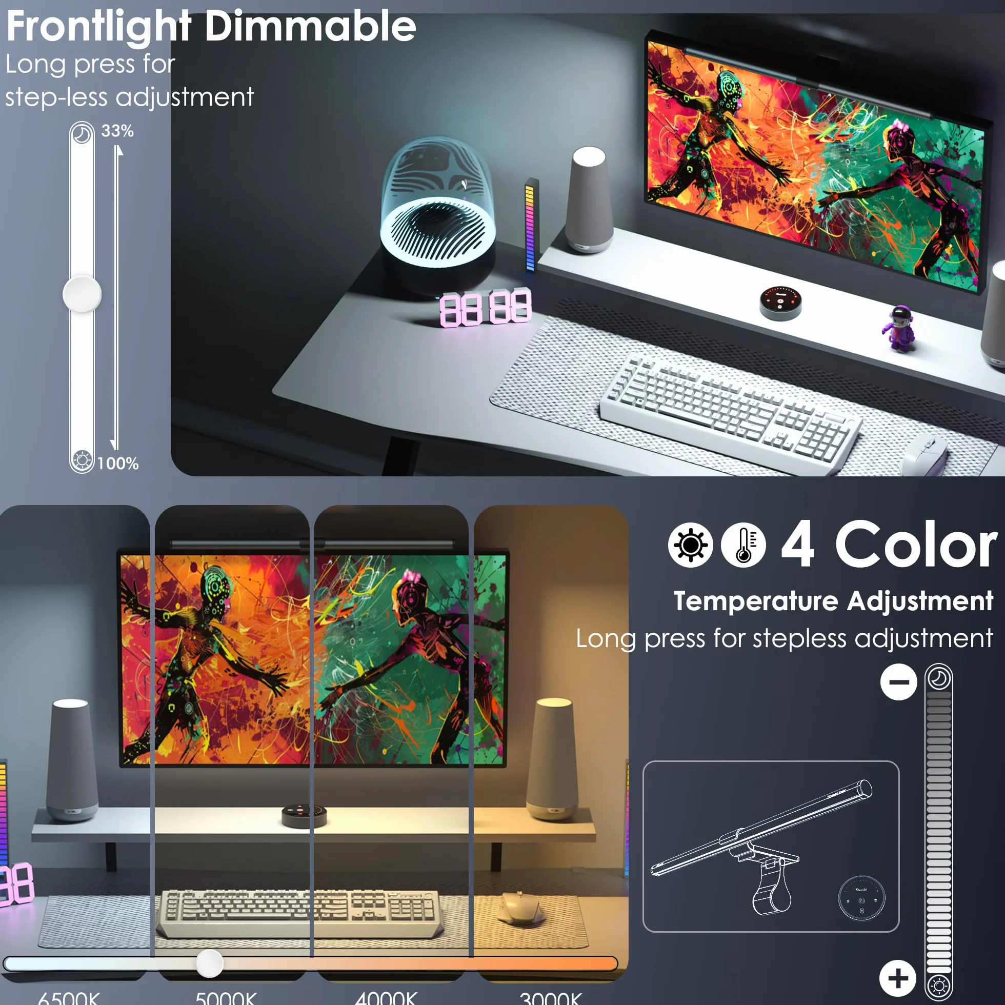 Quntis 51CM Luz Monitor con Retroiluminación Rgb, Lámpara de Monitor Remota con 15 Modos de Retroiluminación, Regulable y Antideslumbrante, Luz Ordenador para Todos los Monitores