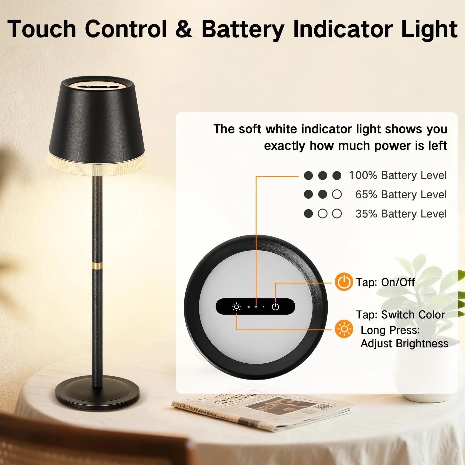 OUTON Lámpara de Mesa Inalámbrica con 3 Modos de Luz y RGB, LED Recargable con Control Táctil, Regulable y Memoria, Impermeable IP54 para Dormitorio, Bar y Café, Negro