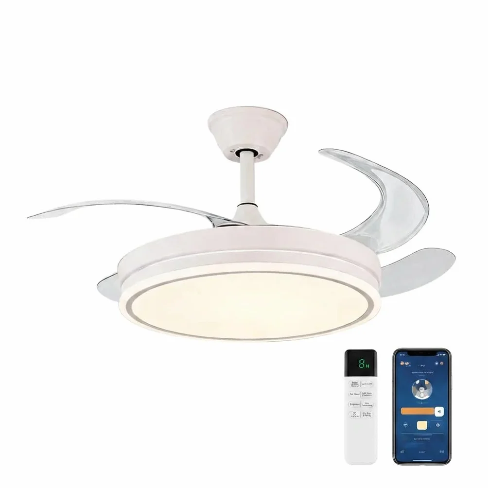 Don Feliz Ventilador de techo con luz LED 4 Aspas Retráctiles, 3 modos de luz, control por mando y app, 55W Motor DC
