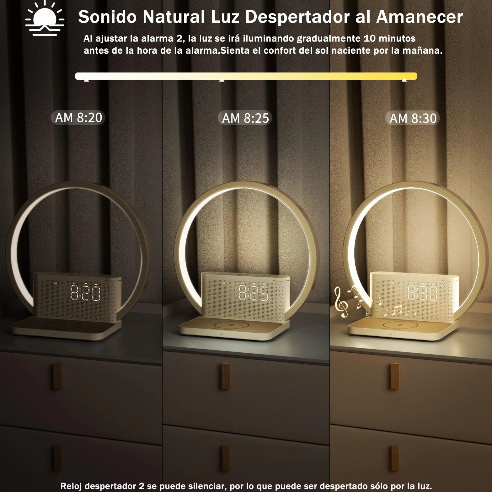 blonbar Lámpara de mesilla de noche con despertador iluminado, luz para despertarse, cargador inalámbrico de 10 vatios,3 niveles de brillo atenuación táctil, música, ayuda para dormir en el dormitorio