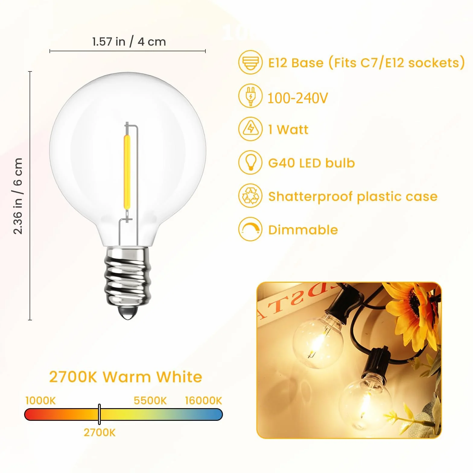 Svater Guirnalda Luces Exterior G40 LED IP45 Impermeable 2700K Blanco Cálido