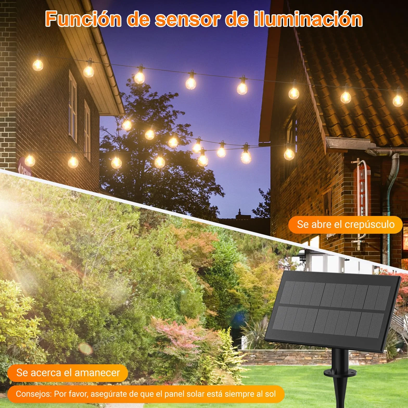 Kawaya Guirnaldas Luces Exterior Solar 10M Cadena LED USB Recargable 15+1 Bombillas G40 Blanca Cálida