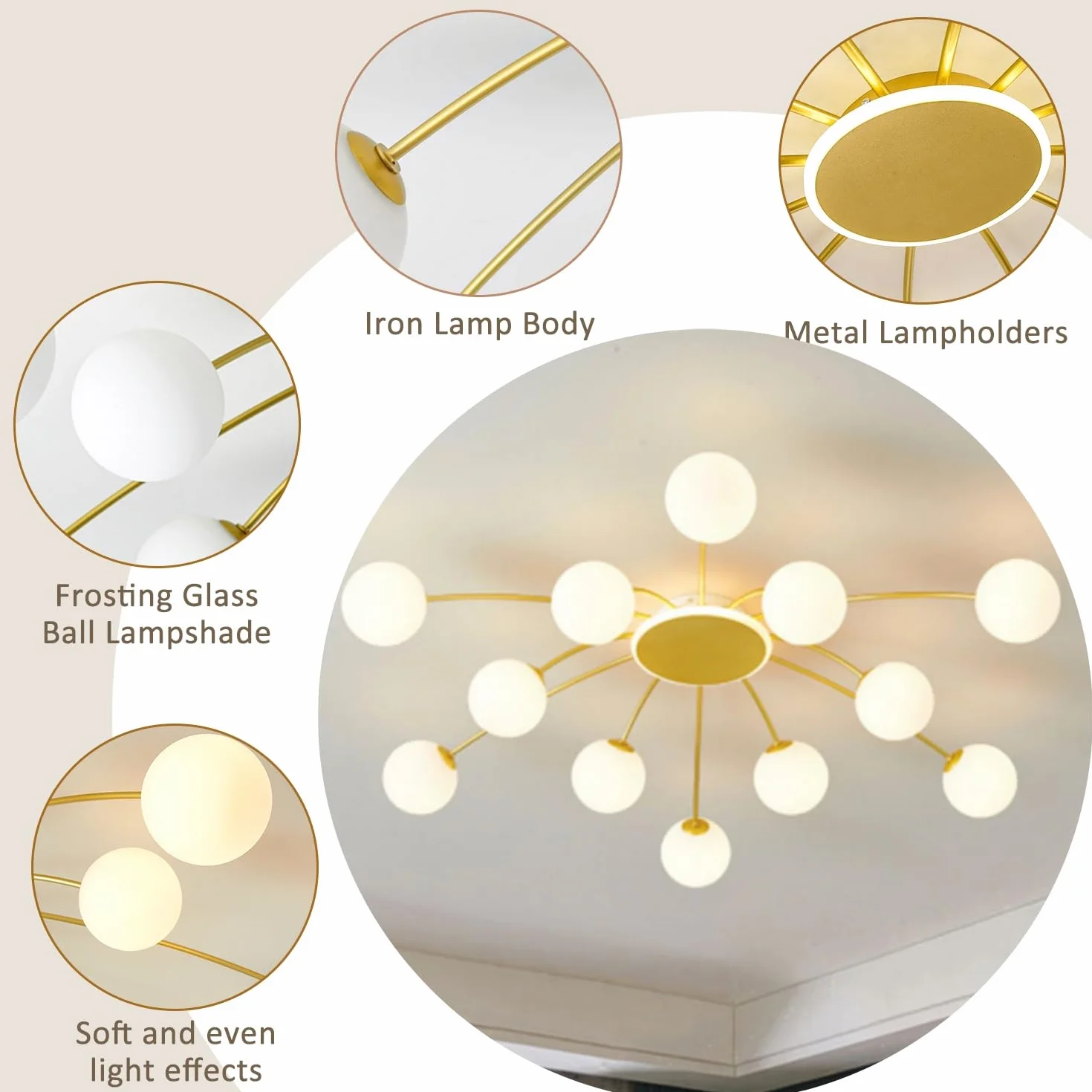 Lampara Techo Industrial Dorado 12 Luces Sputnik Araña G9 Vintage