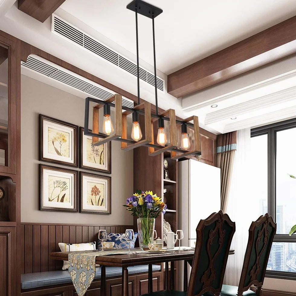 Iluminación de isla de cocina 4 lámparas colgantes modernas negras acabado madera y metal mate