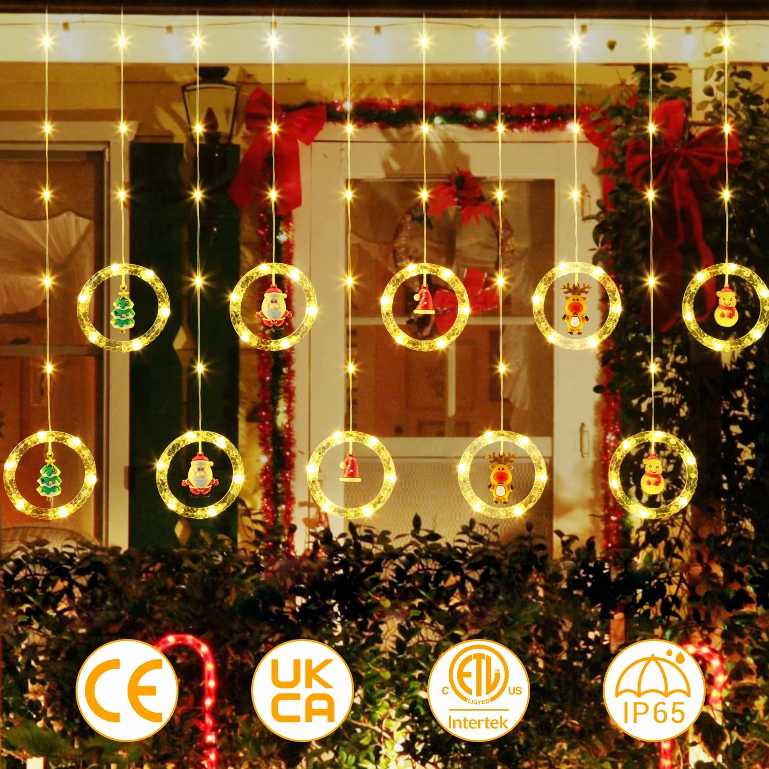 GlobaLink 3M x 0.7M Cortina Luces Navidad Enchufe con 10 Anillos Estatua, Impermeables 8 Modos Adornos para Natal Ventana Bodas Exterior Interior, Luz de Cadena Guirnalda, 100 LED, Blanco Cálido