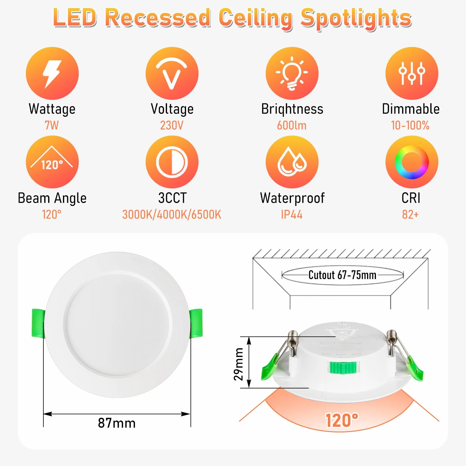 Hossom Downlight LED Techo Empotrable 7W 600LM 230V IP44 Corte 67-75mm Blanco Cálido 3000K Natural 4000K Frio 6500K Pack 6