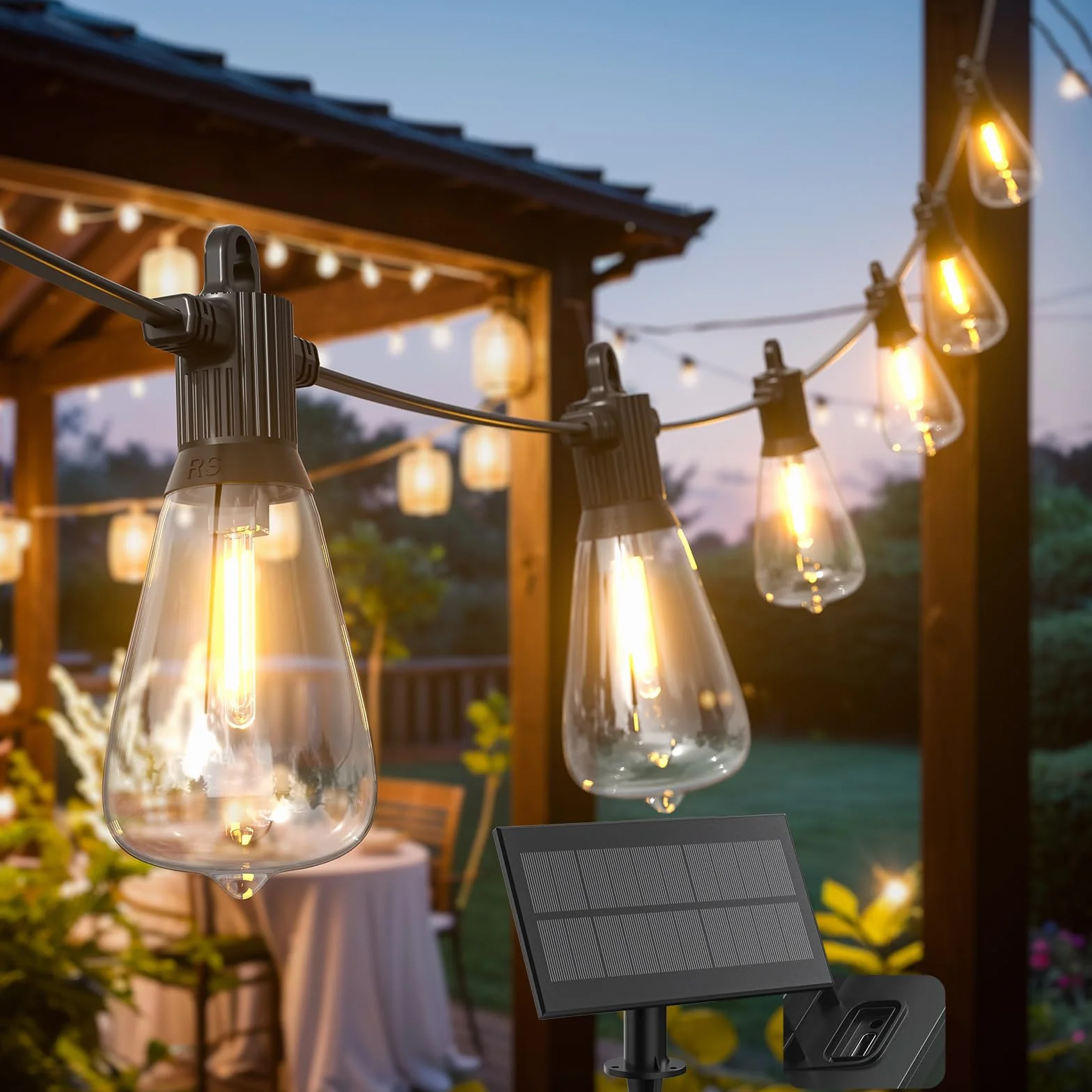 Kawaya Guirnalda Luces Exterior Solar IP65 Impermeable LED Jardín 10M 15+1 Bombillas 5 Modos Blanco Cálido