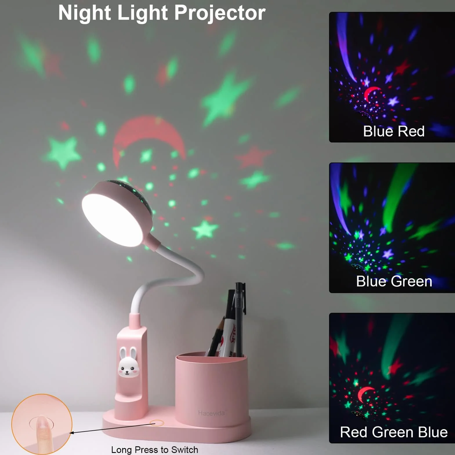 Lámpara de Escritorio LED Infantil Niña 2000mAh Recargable USB 3 Niveles de Brillo con Proyector de Estrellas Rosa