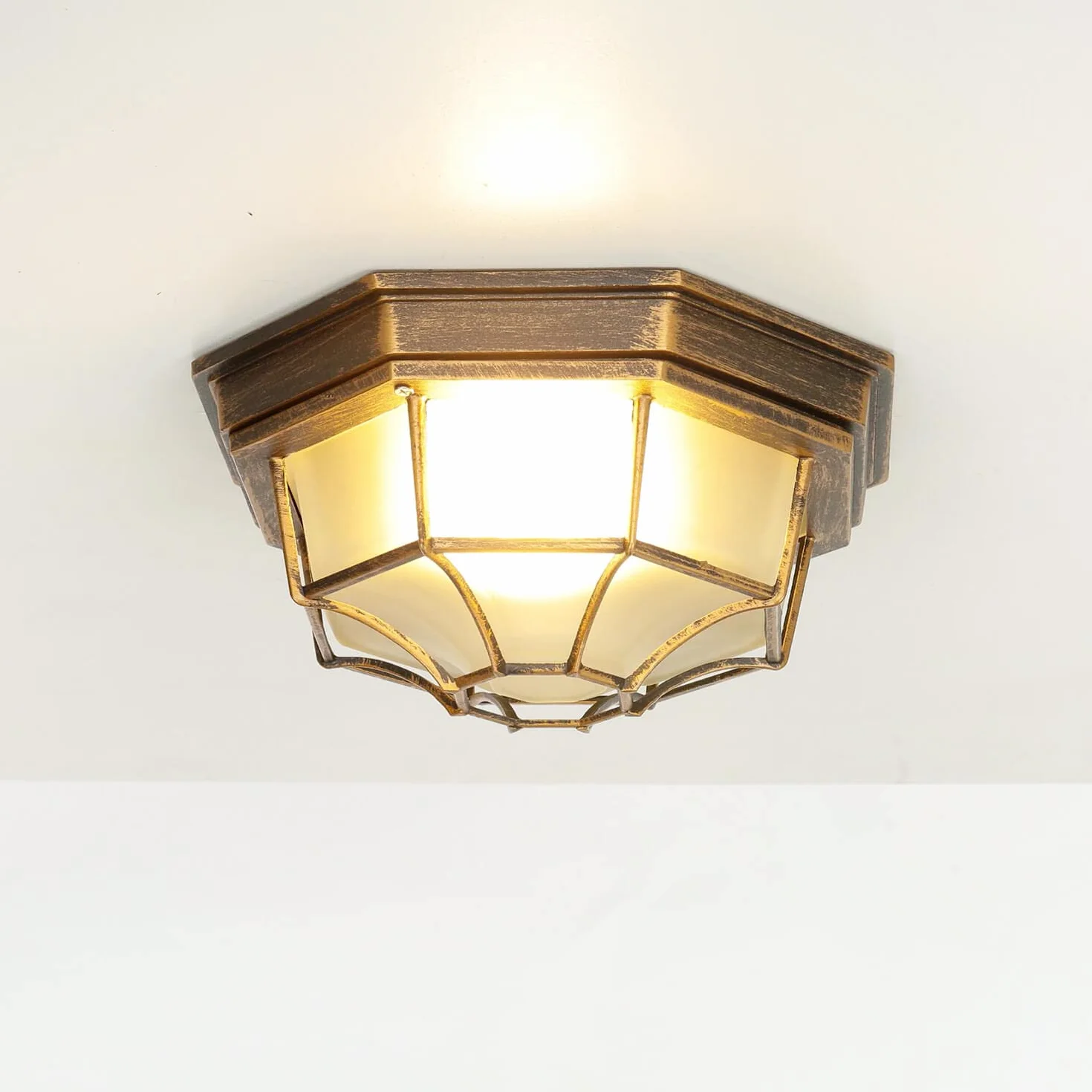 Easylight Lámpara de techo estilo rústico MILANO de aluminio cristal cobre antiguo forma angular A:35,5 cm E27 IP44 Plafón de exterior para terraza jardín