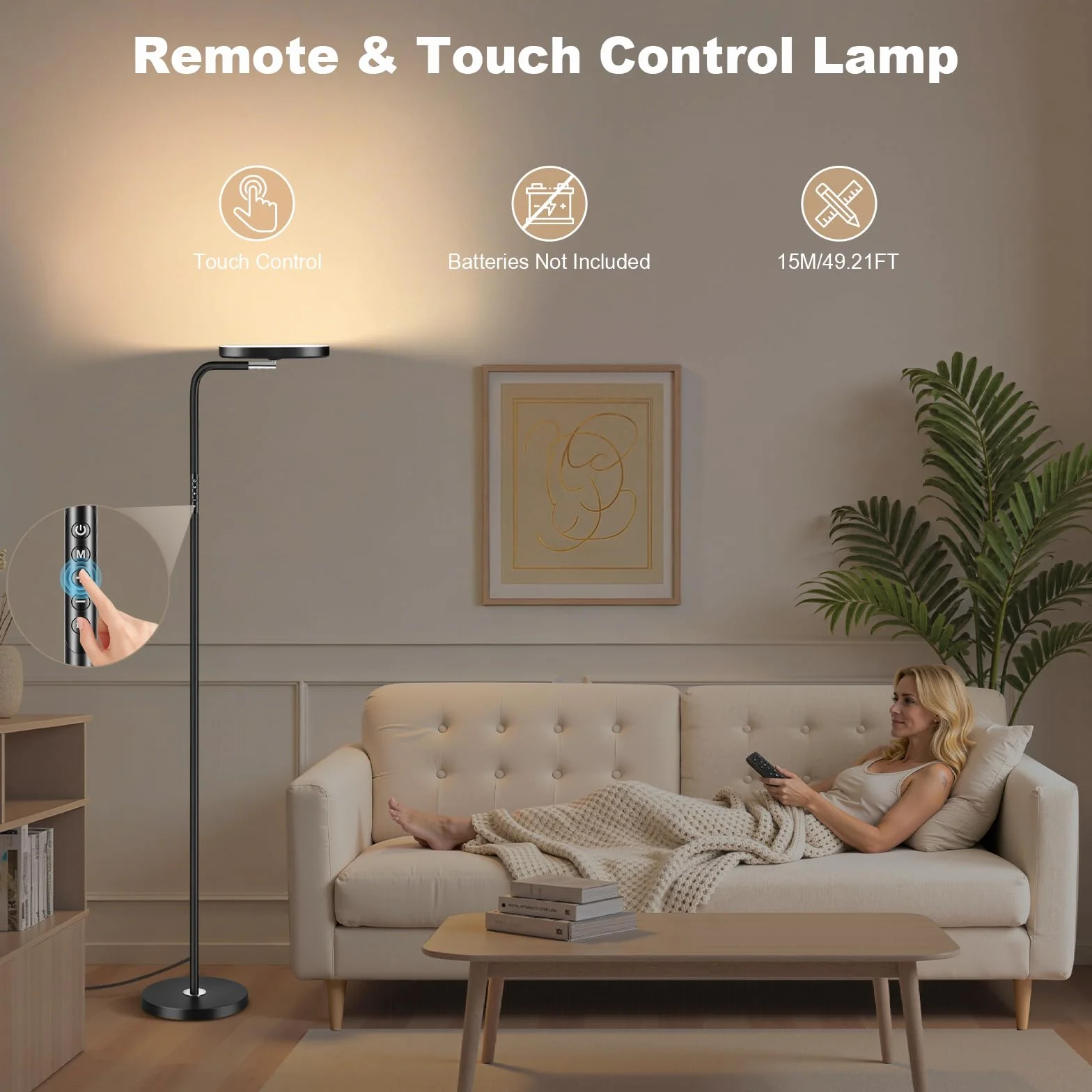 Lámpara de Pie LED Regulable 36W 3200LM 5 Temperaturas Color Control Táctil Mando Negro