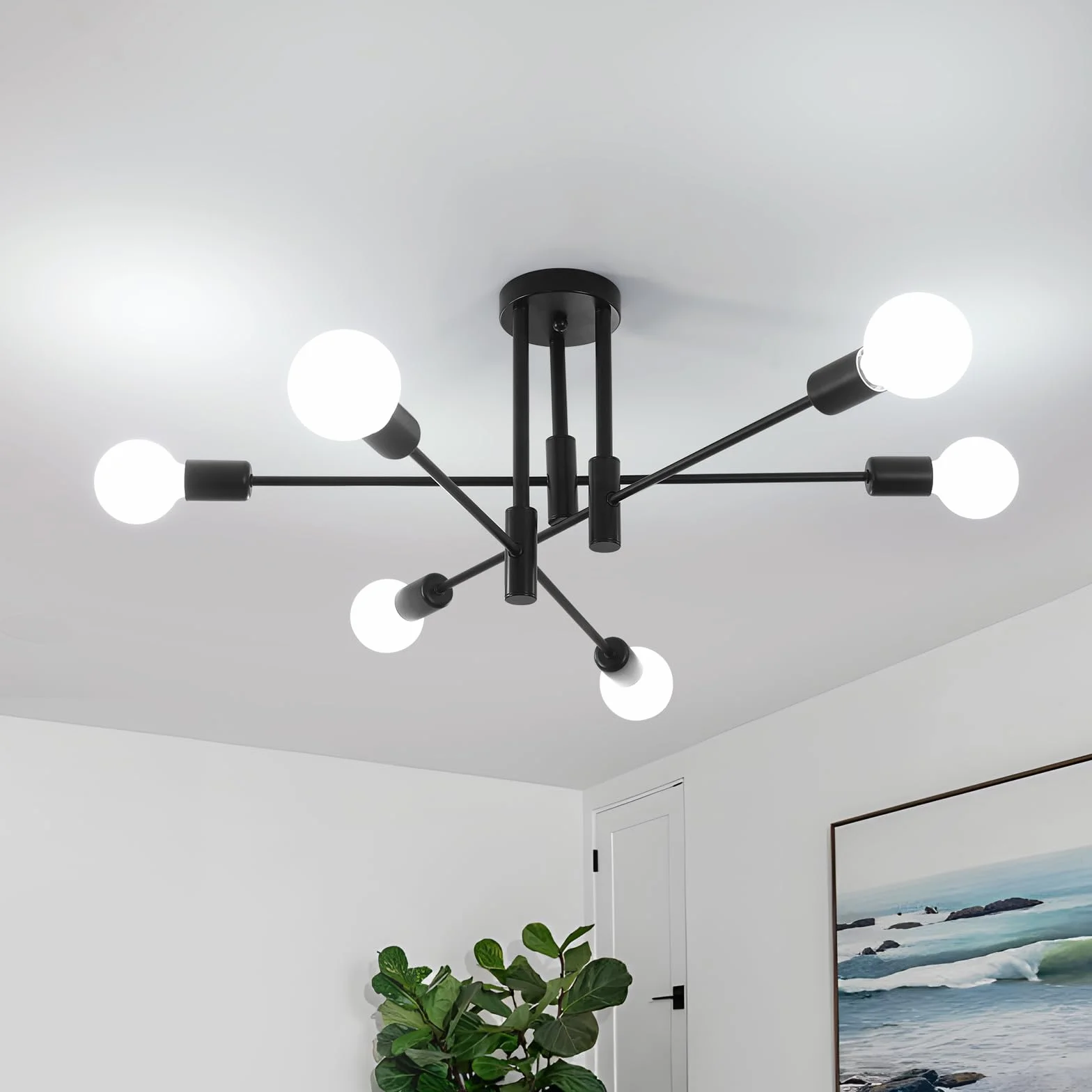Goeco Lámpara de Araña Negro 70cm 6 Luces E27 Orientable 180° Metal
